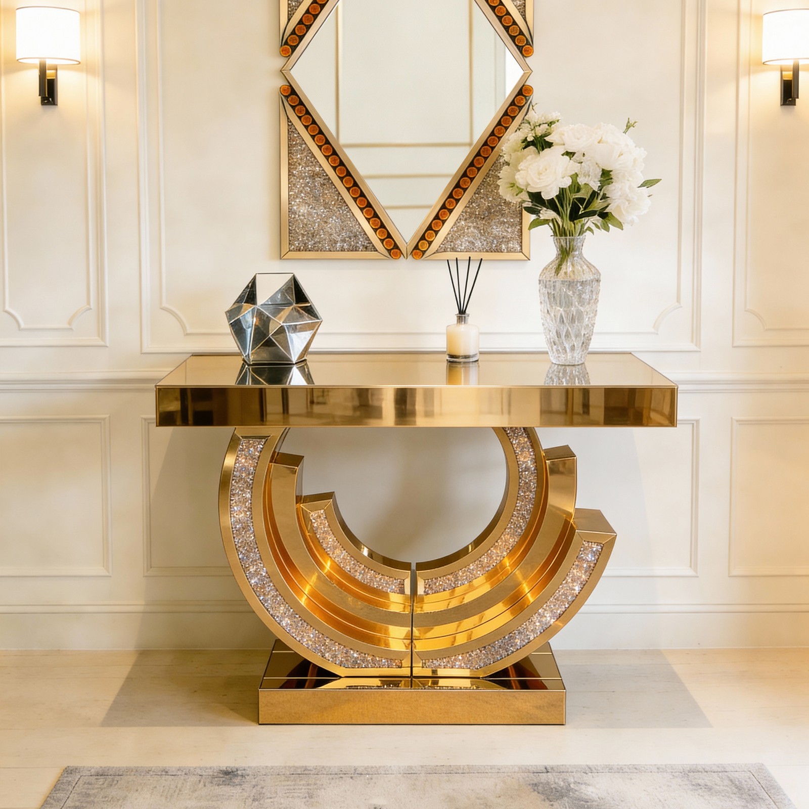 Design Crushed Diamond Mirrored Console Table Entryway Table with Diamond Inlay