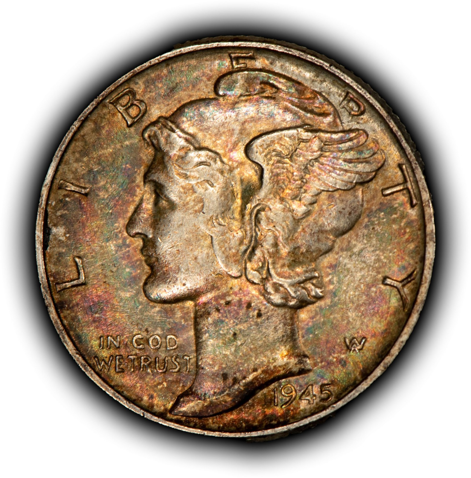1945 10c Mercury Silver Dime - Watercolor Rainbow Toning - SKU-Y6362