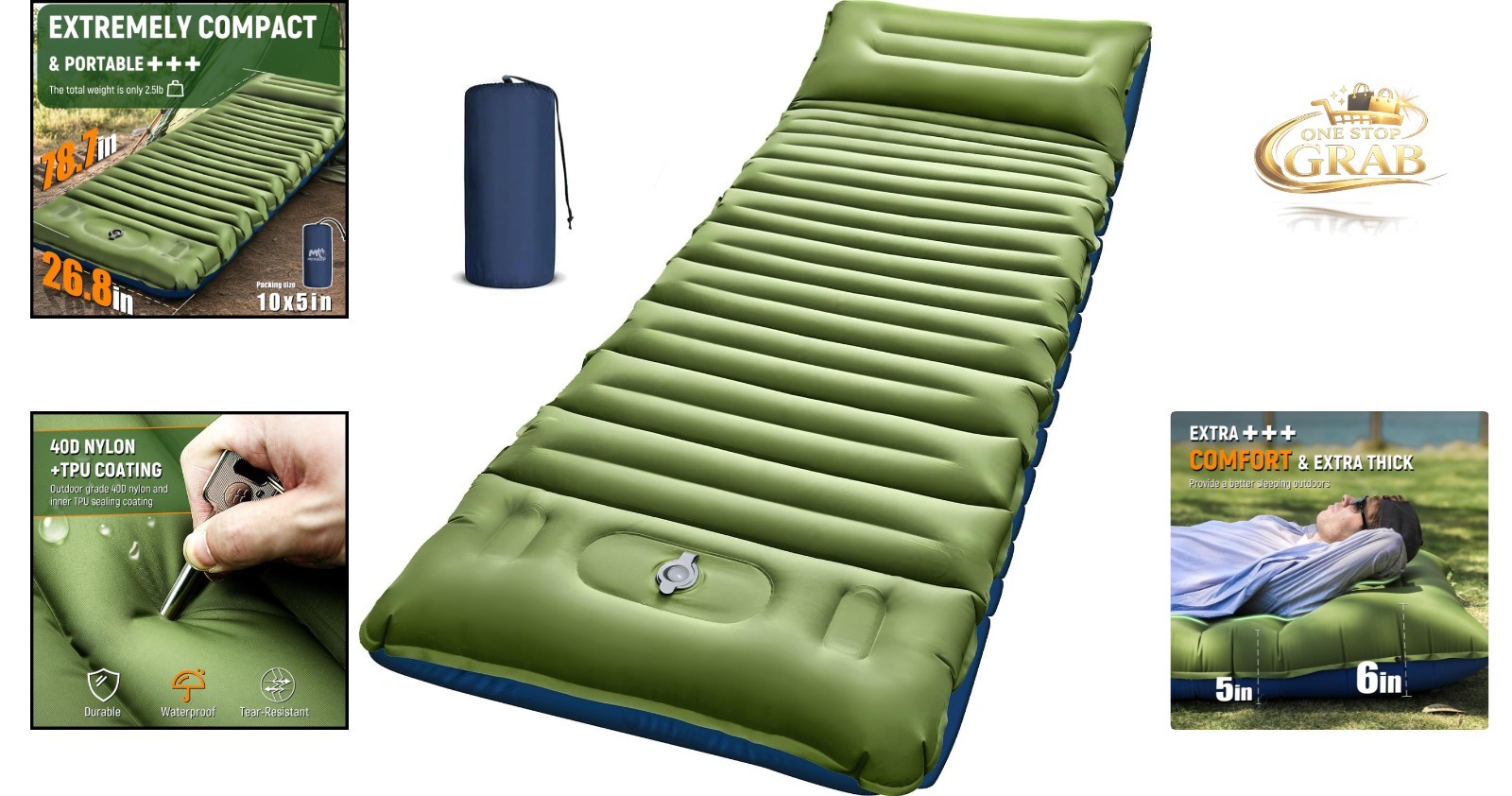 Ultralight 5 Inch Camping Sleeping Pad with Built-In Pillow & Pump Green