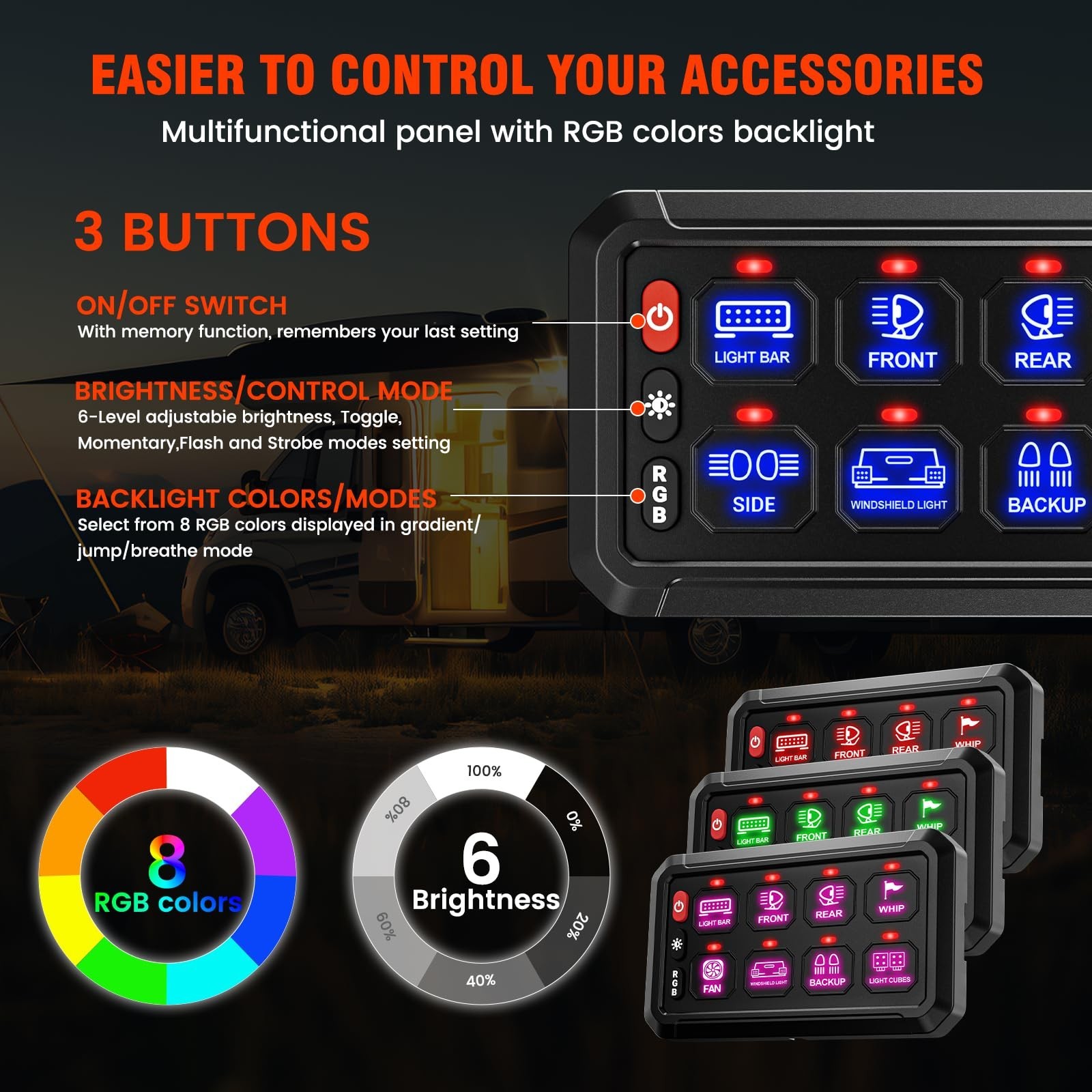 SUPAREE 8 Gang Bluetooth RGB Switch Panel,Toggle Momentary Flash Strobe Memor...