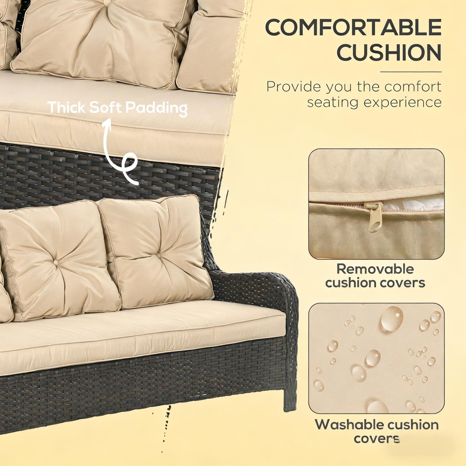 Patio Couch,Rattan Three-Seat Sofa|Beige,Brown Mix