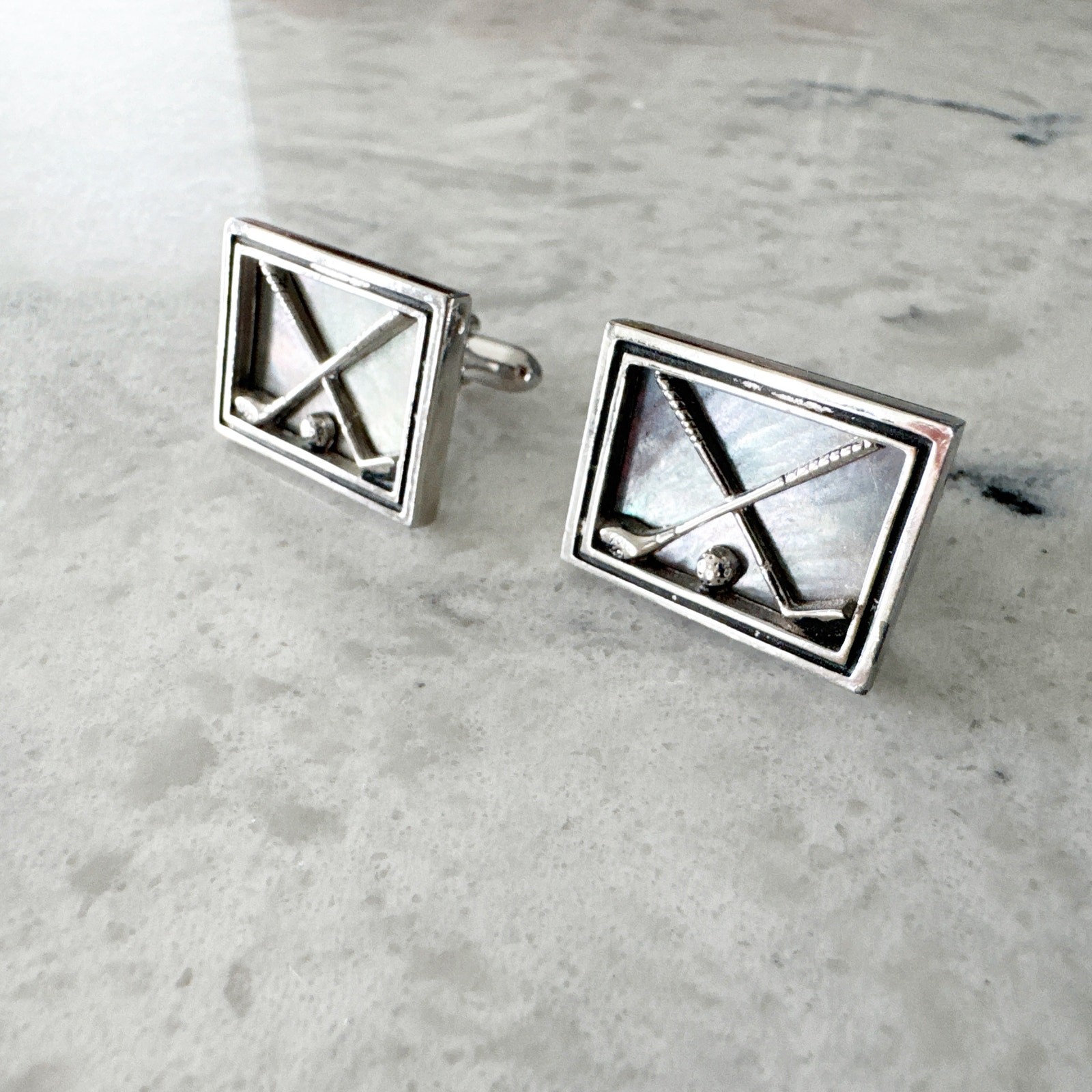 Golf Club Ball Cufflinks Men One Size Silver Tone Iridescent Rectangle Unbranded
