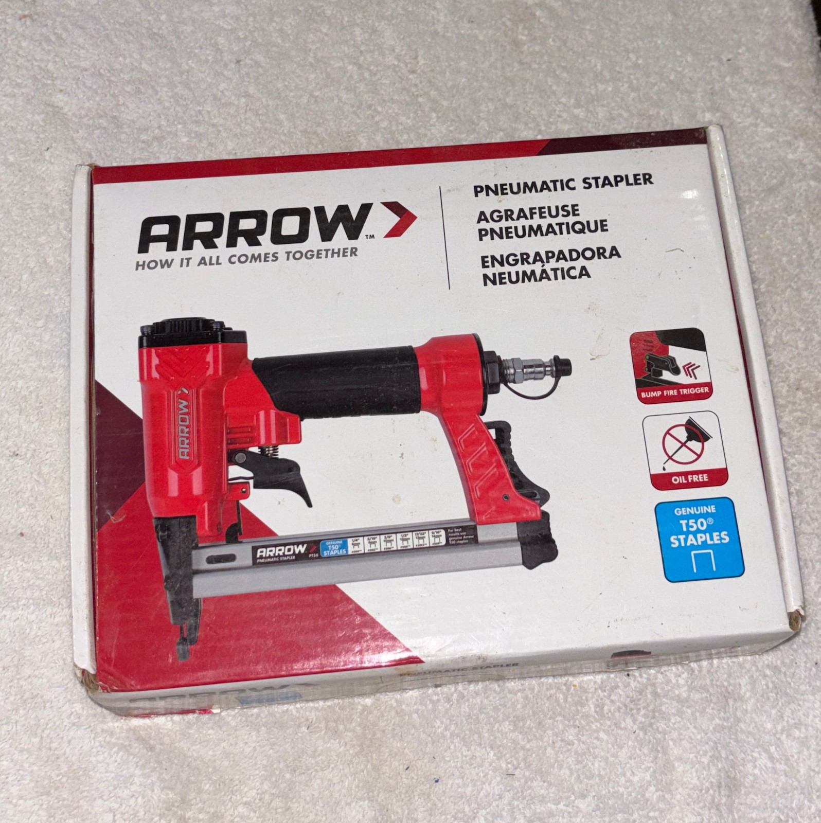 ARROW PT50 Pneumatic Stapler 1/4” - 9/16”. OPEN BOX