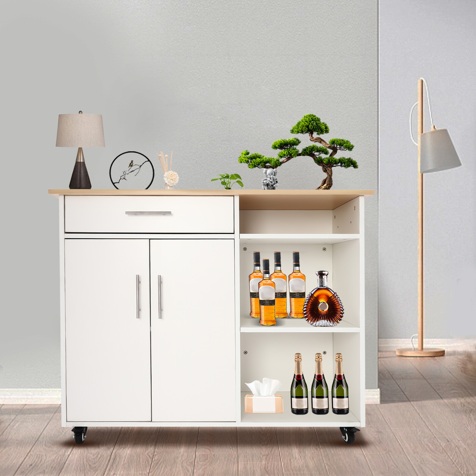 Island Side Table Kitchen Cart Rolling Kitchen Free Standing Trolley w/Drawer