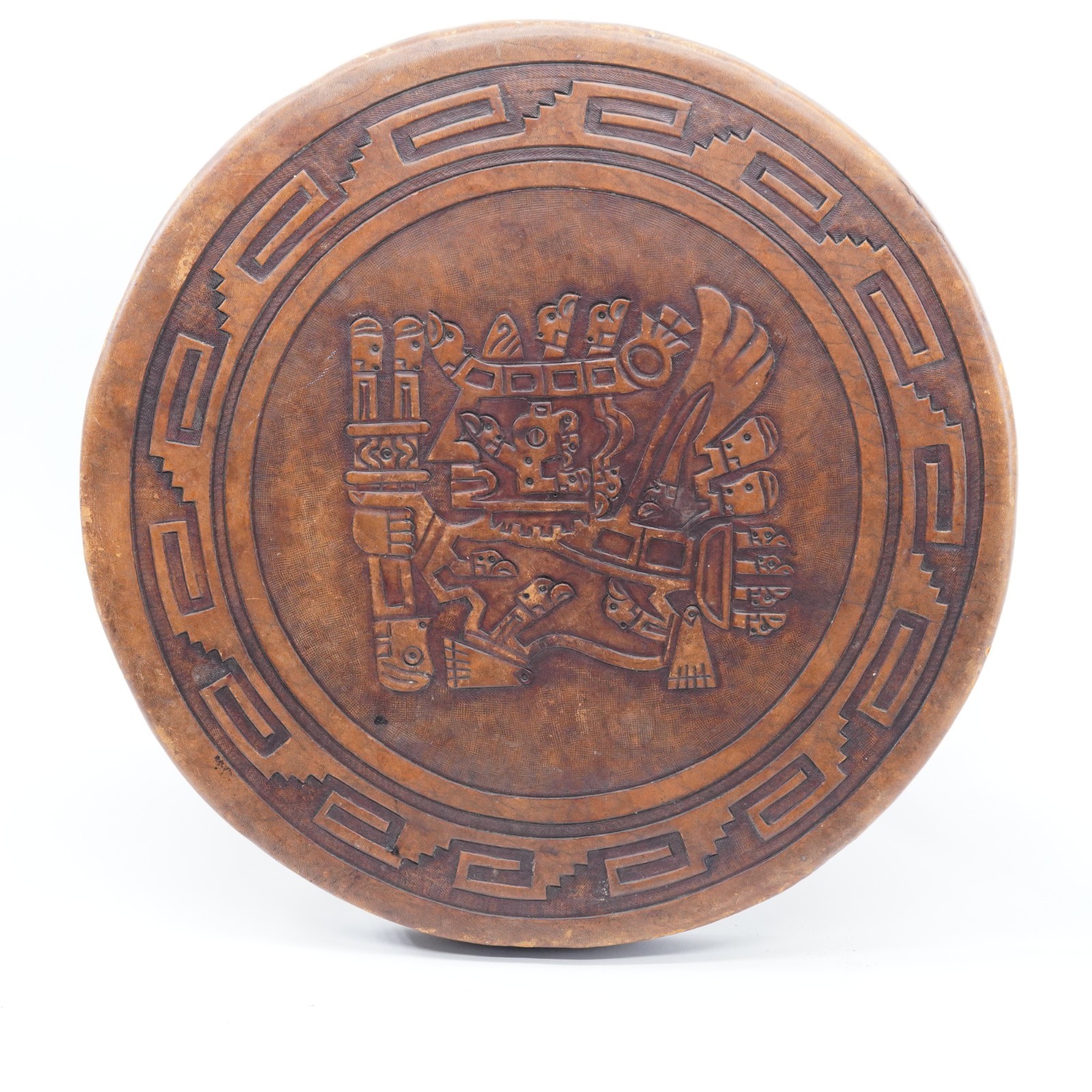 Hand Tooled Leather Top Wooden Stool Ottoman Ethnic Peru Mayan Aztec Warrior
