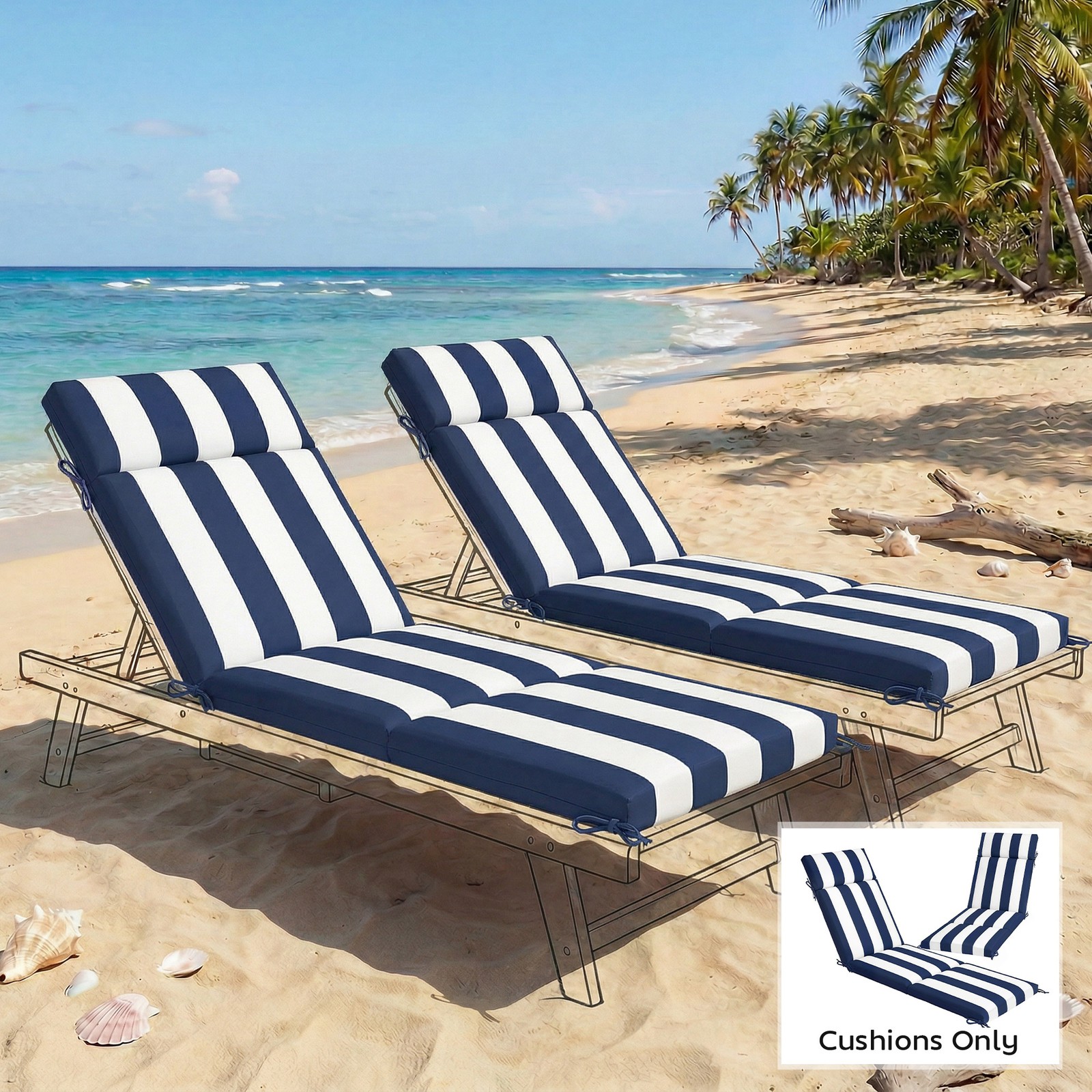 Outsunny Outdoor Chaise Lounge Cushions Set of 2 with Ties, Dark Blue