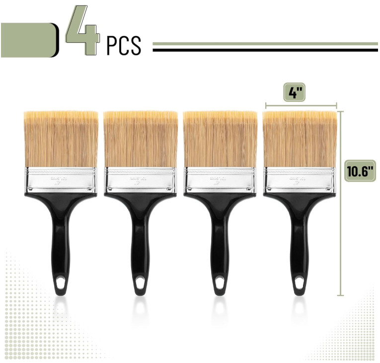 Bates- Paint Brushes, 4-Inch, 4 Pack, Flat Brushes for Walls, Black