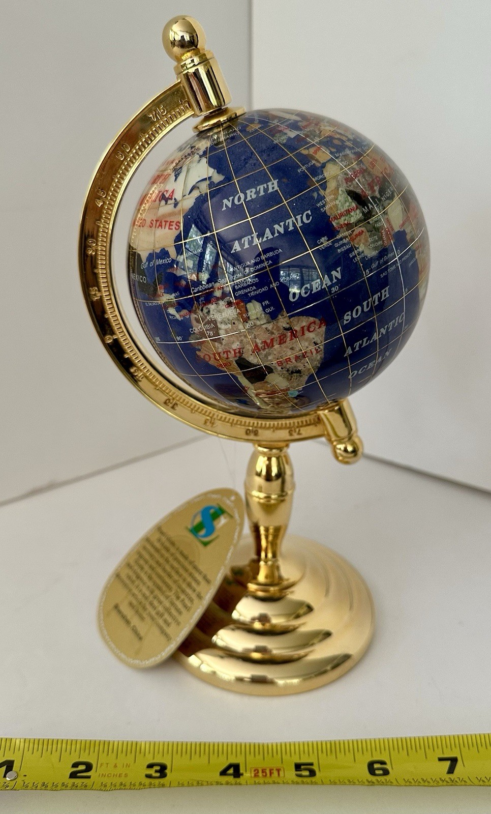 Blue Gemstone Inlaid 9.5” Desk/table Top World Globe w/Gold Tone Stand