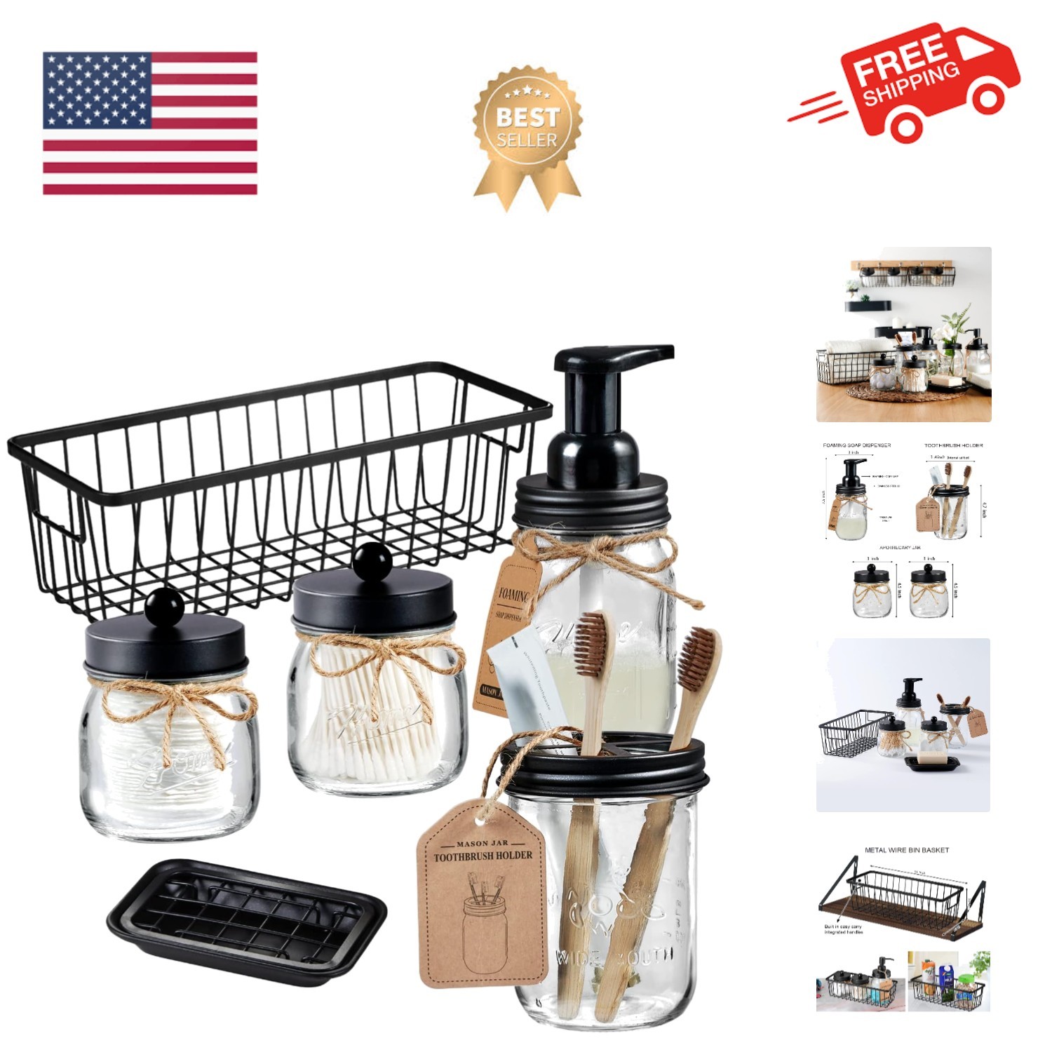 6Pack Mason Jar Bathroom Accessories Set - Foaming Soap Dispenser, Toothbrush...