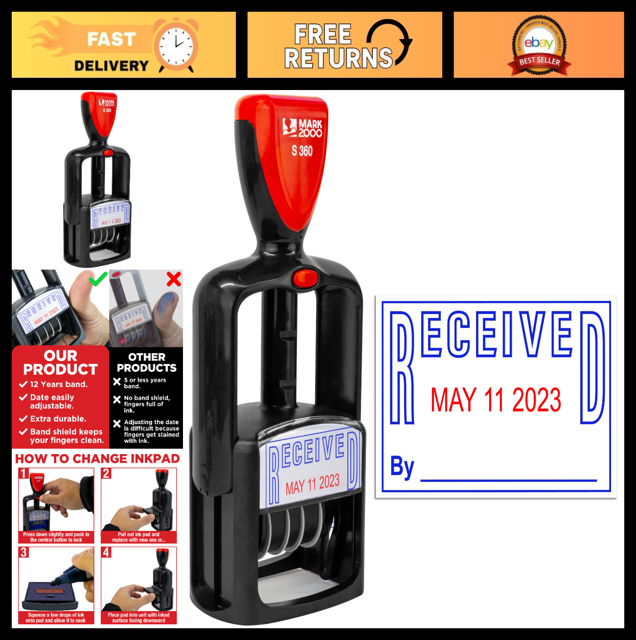 Self-Inking Date Stamp with Received Phrase - Blue & Red Ink - 12-Year Band