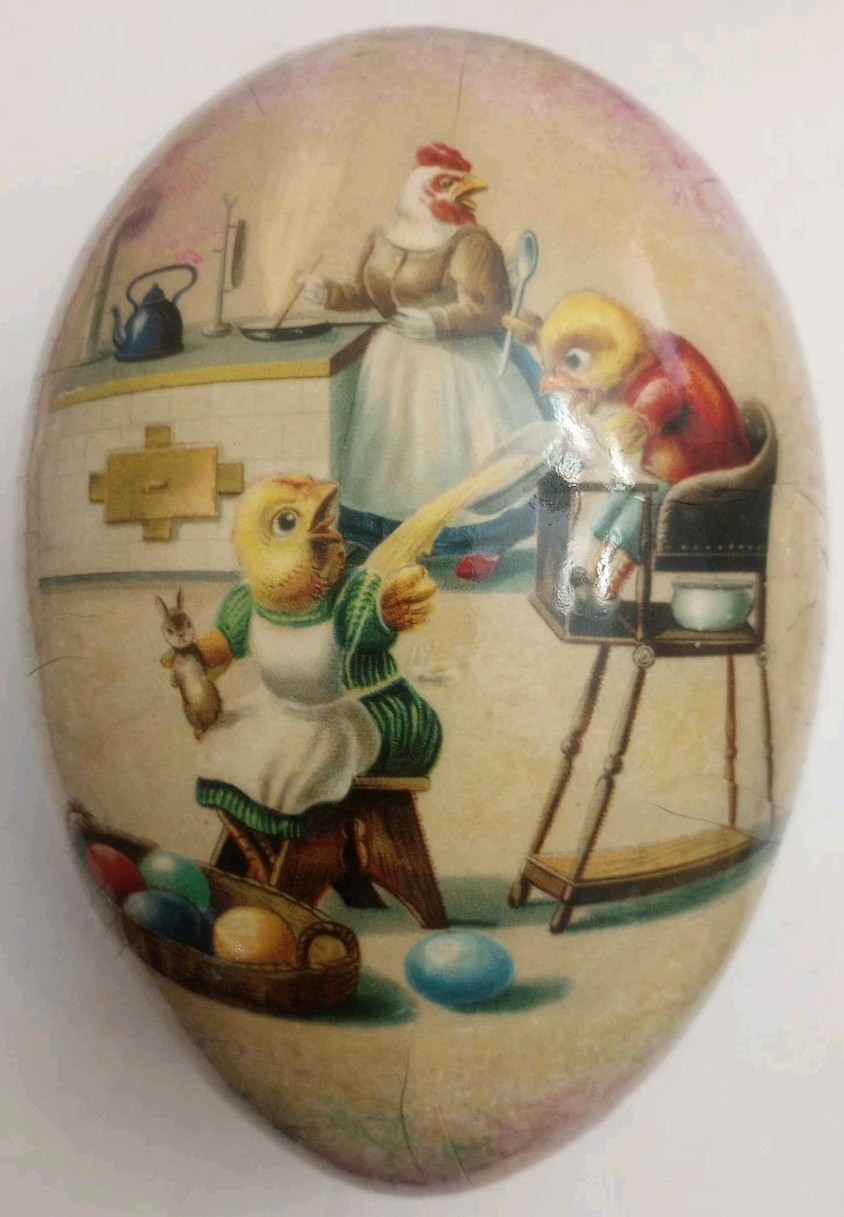 Vtg Paper Mache Decoupage 7" Easter Egg Candy Box Old World Nostalgic Fill