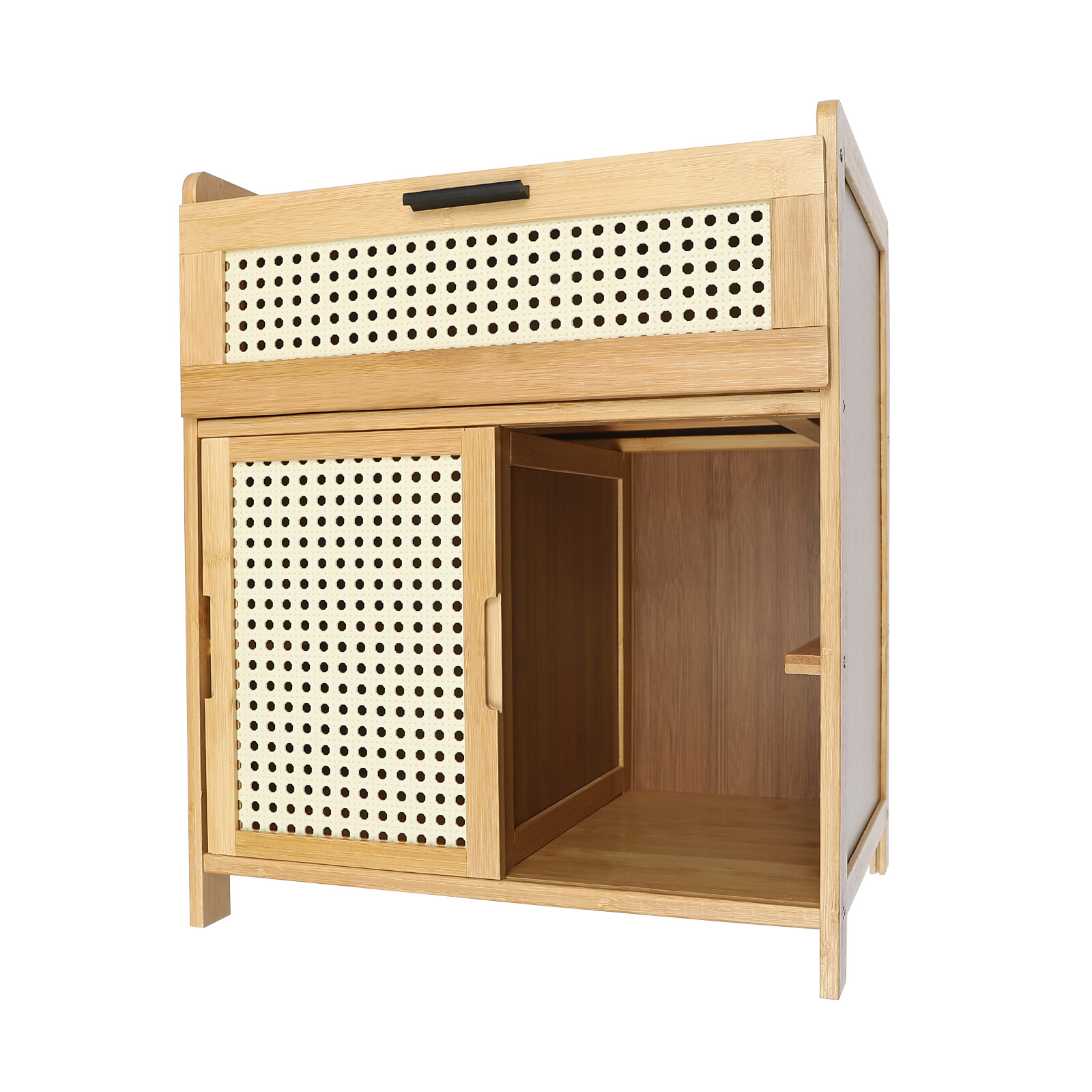Nightstand Bamboo End Table Bedside Table w/Drawer & Shelf Bohemian Storage Rack