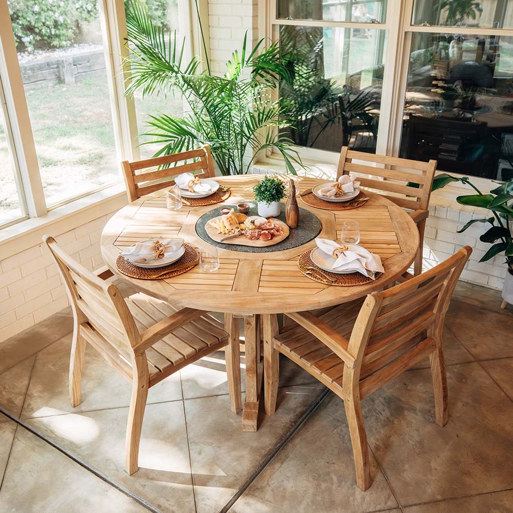 Ash & Ember Grade A Teak 59" Round Dining Table with Granite Lazy Susan