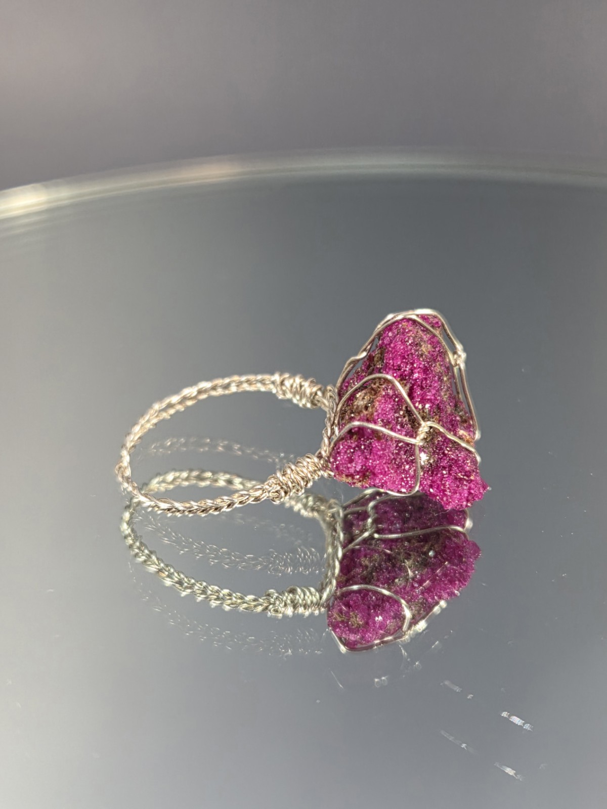 Genuine Handcrafted 999 Fine Silver Wirewrapped Ring With Rough Ruby Corundum