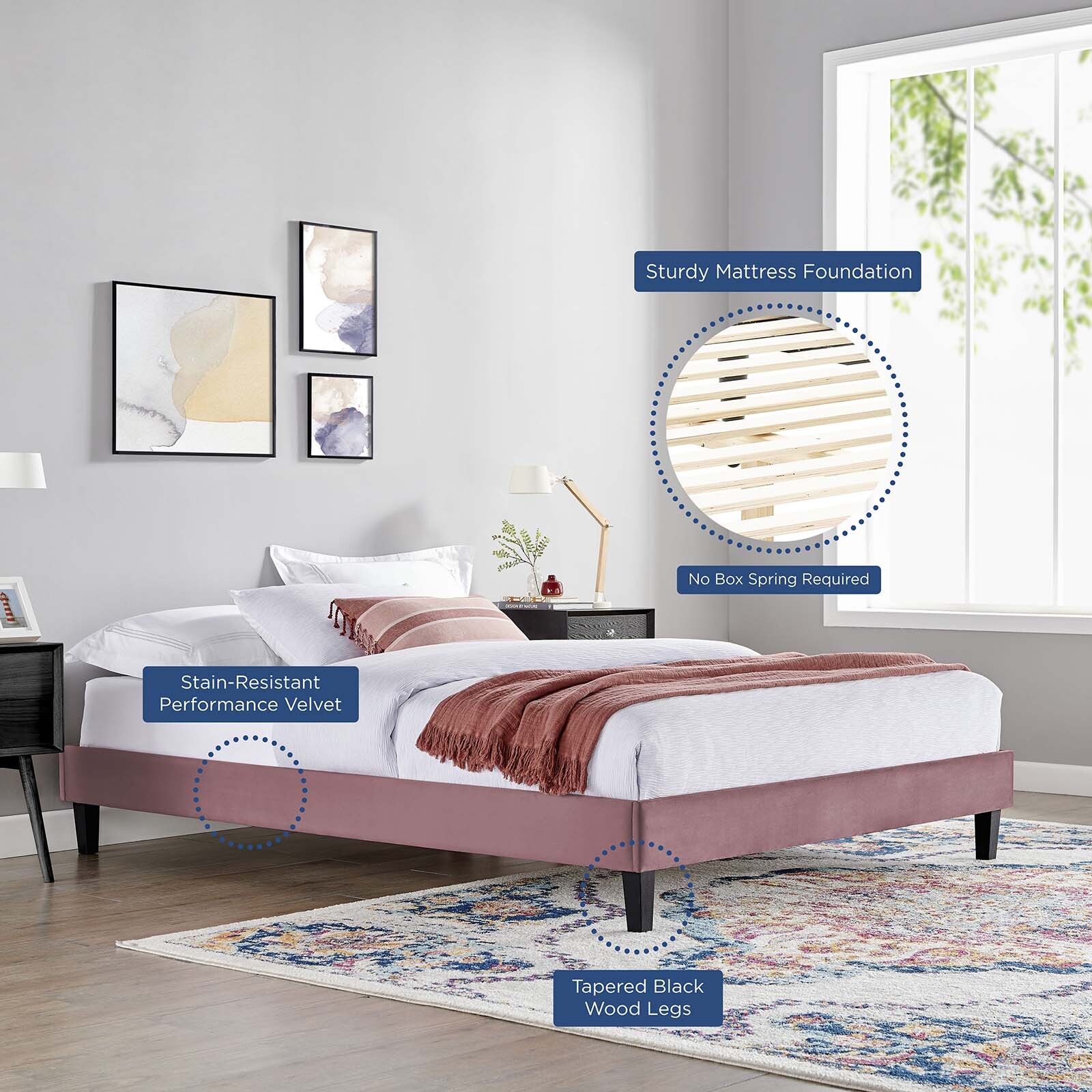 Modway Reign Performance Velvet Twin Platform Bed Frame in Dusty Rose