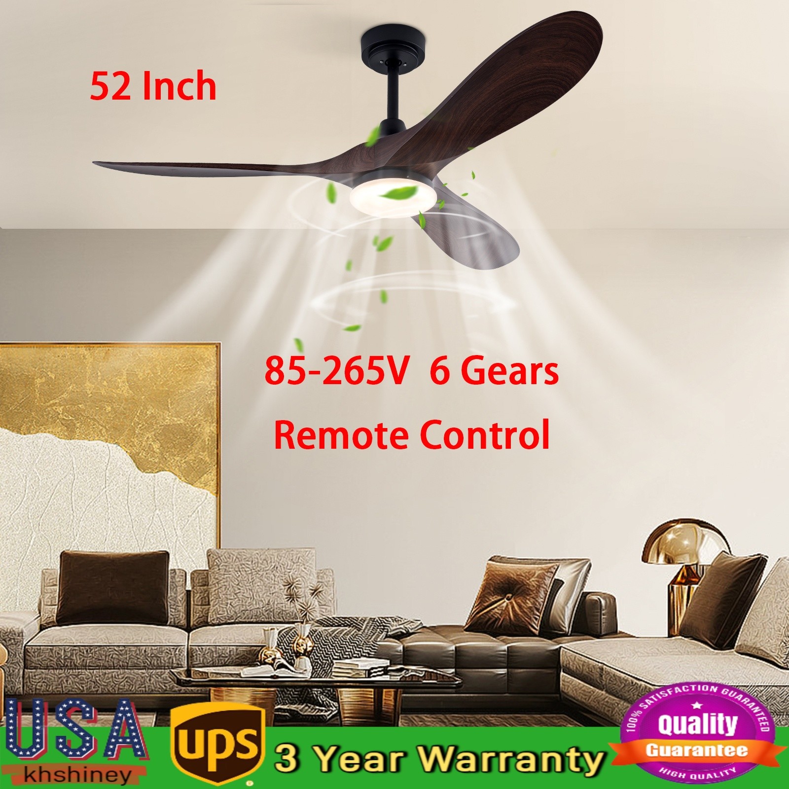 52 Inch Modern Ceiling Fan With Remote Indoor 3 Wood Blades Chandelier 50W New