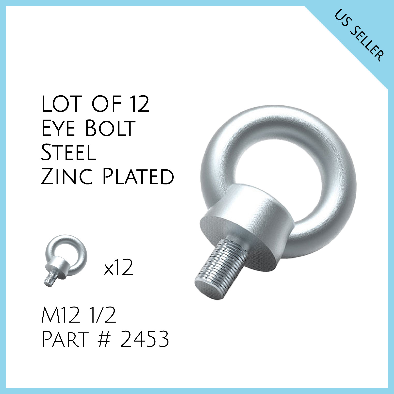 LOT OF 12, M12 1/2 Lifting Shoulder Eye Bolt Machinery Steel Zink Plated # 2453