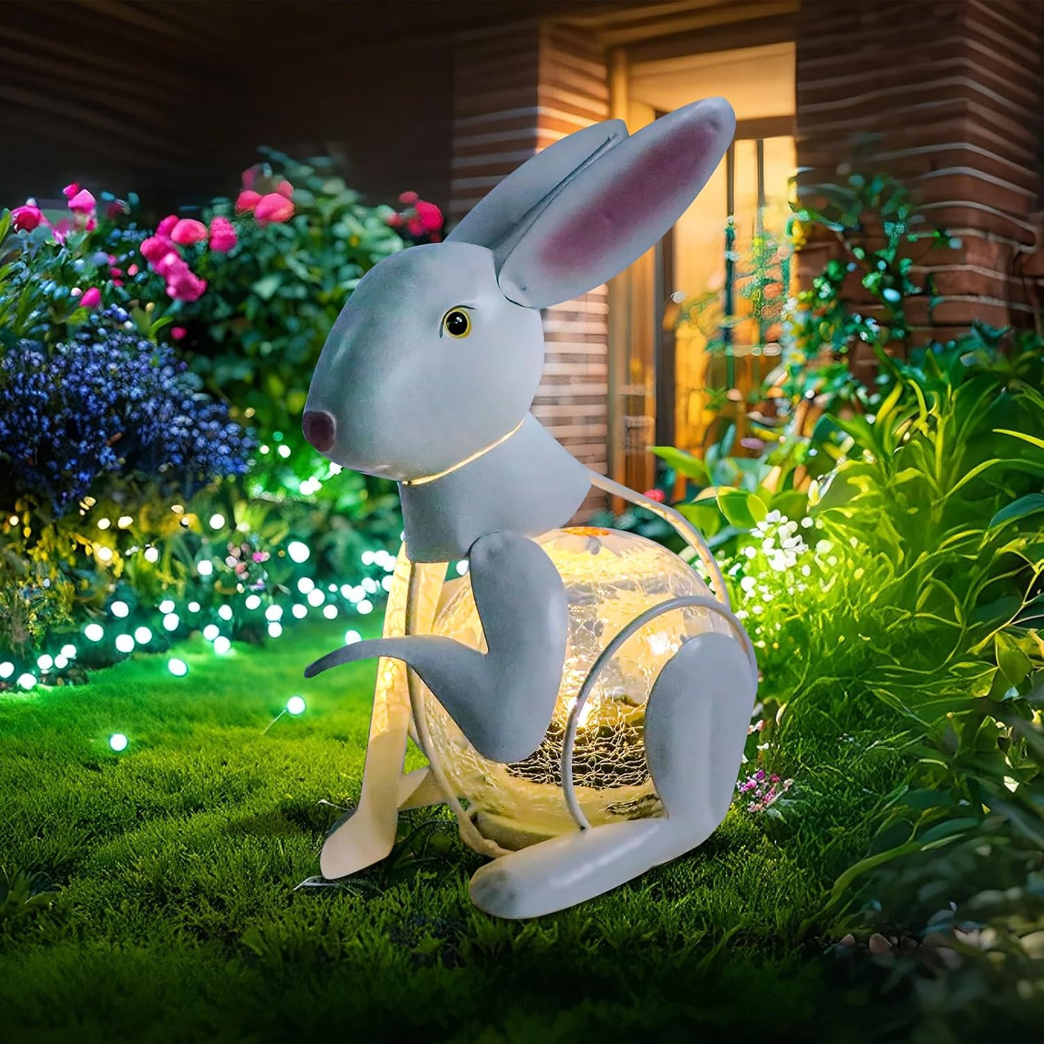 Metal White Rabbit Solar Lights Decorative Bunny Easter Lamp | Solar Bunny Water