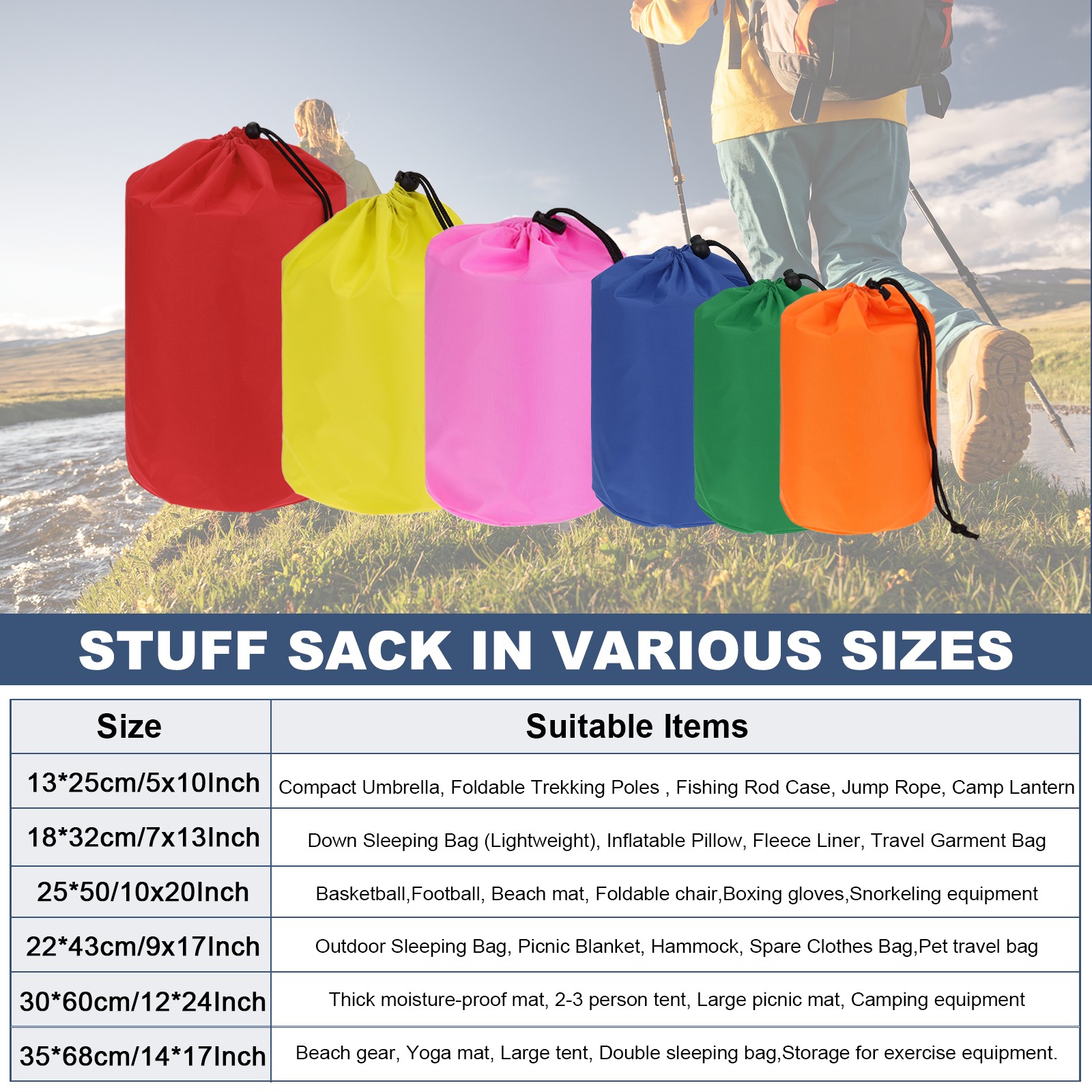 3Pack Drawstring Bag Storage Bags for Backpacking 5x10 Inch Sapphire