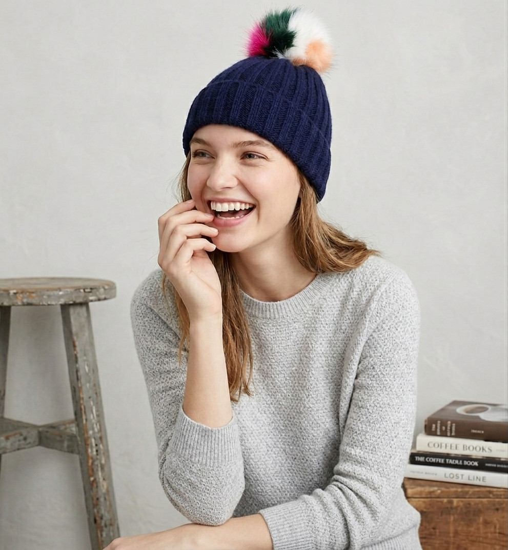 Qty 3: J.Crew Women's Rib-Knit Beanie, Faux-Fur Pom-Pom - Lilac, Peach, Navy NWT