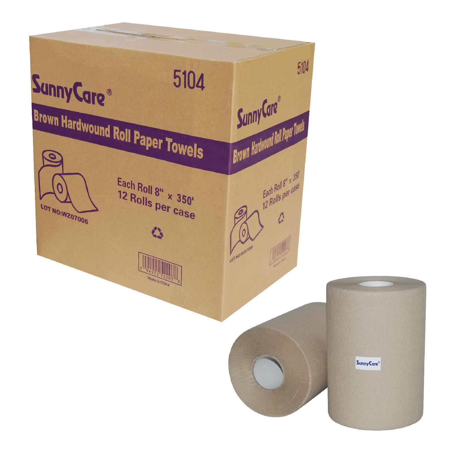 12 Rolls Hard Wound Paper Roll Towels, 8" x 350`,Brown, 12/Case
