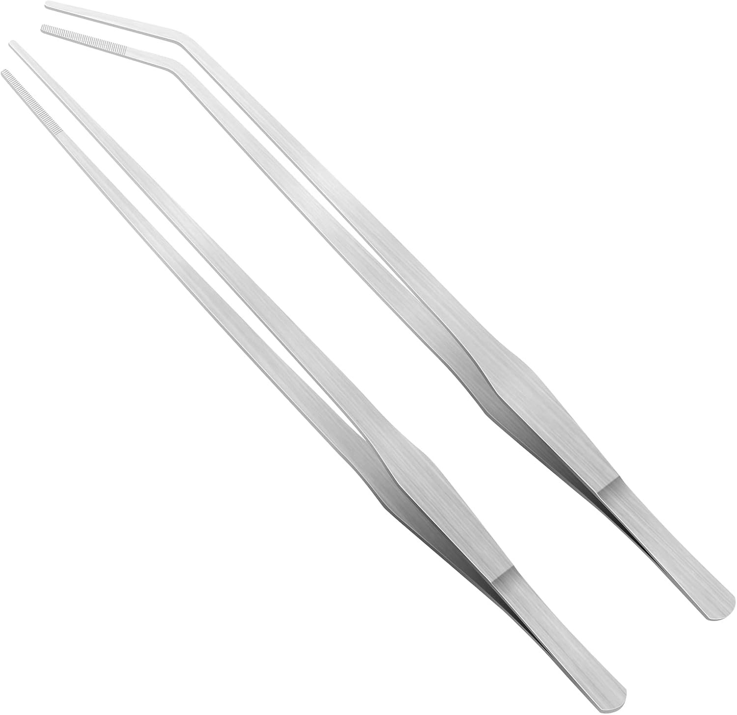 2 PCS 15" Long Aquarium Tweezers Curved & Straight Stainless Steel Feeding Tongs