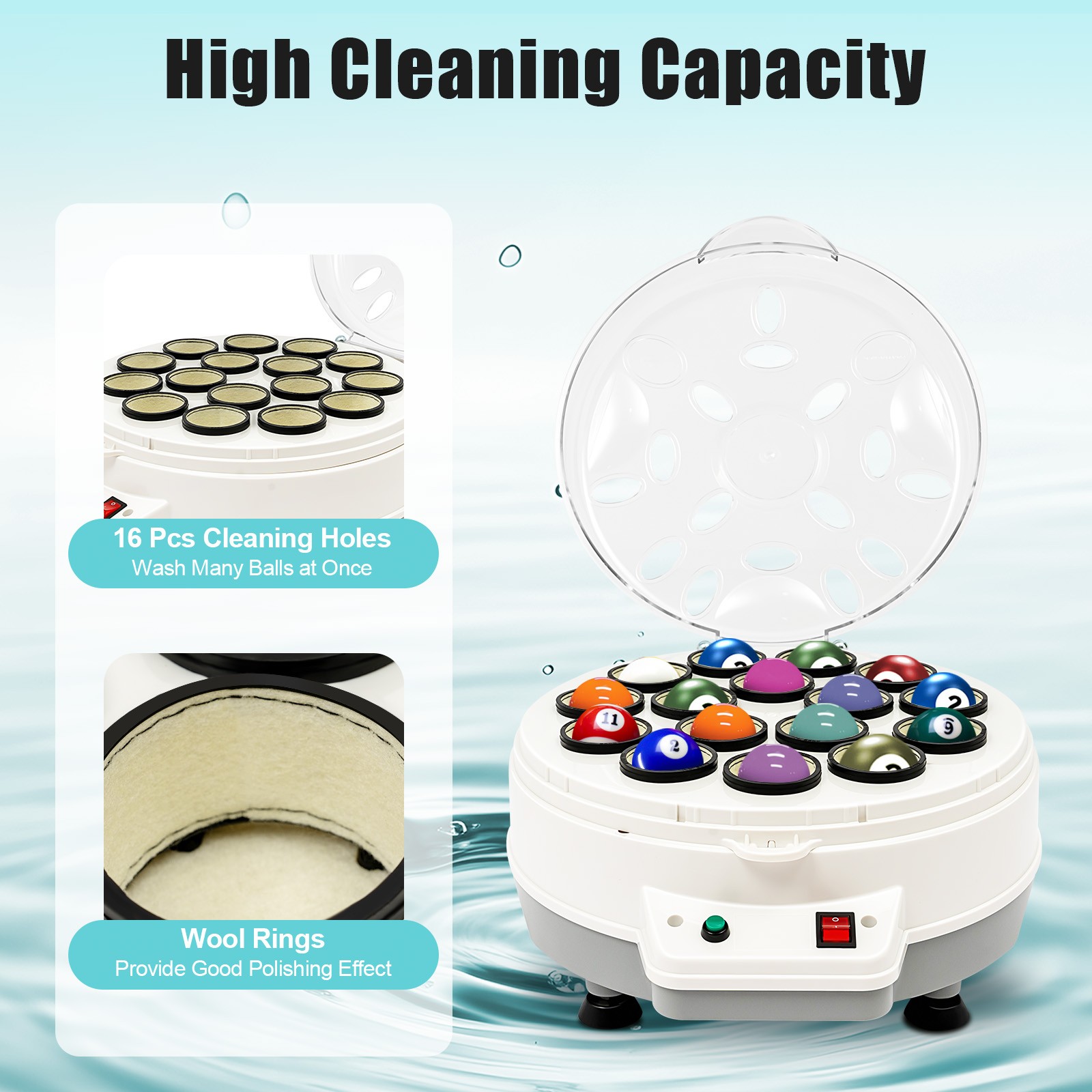 180W Automatic Pool Balls Cleaner 1000RPM Pool Cleaning Machine 16-Ball Polisher