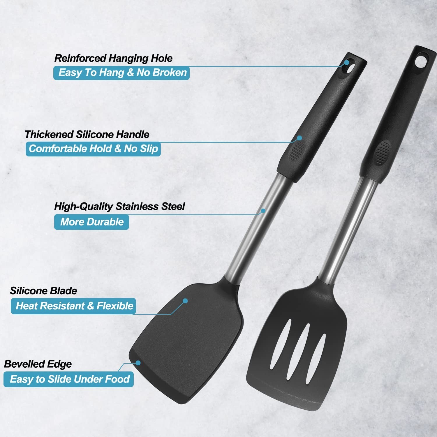 2 Pack Spatulas, Solid & Slotted Silicone Spatula Set, Stainless Steel Handle...