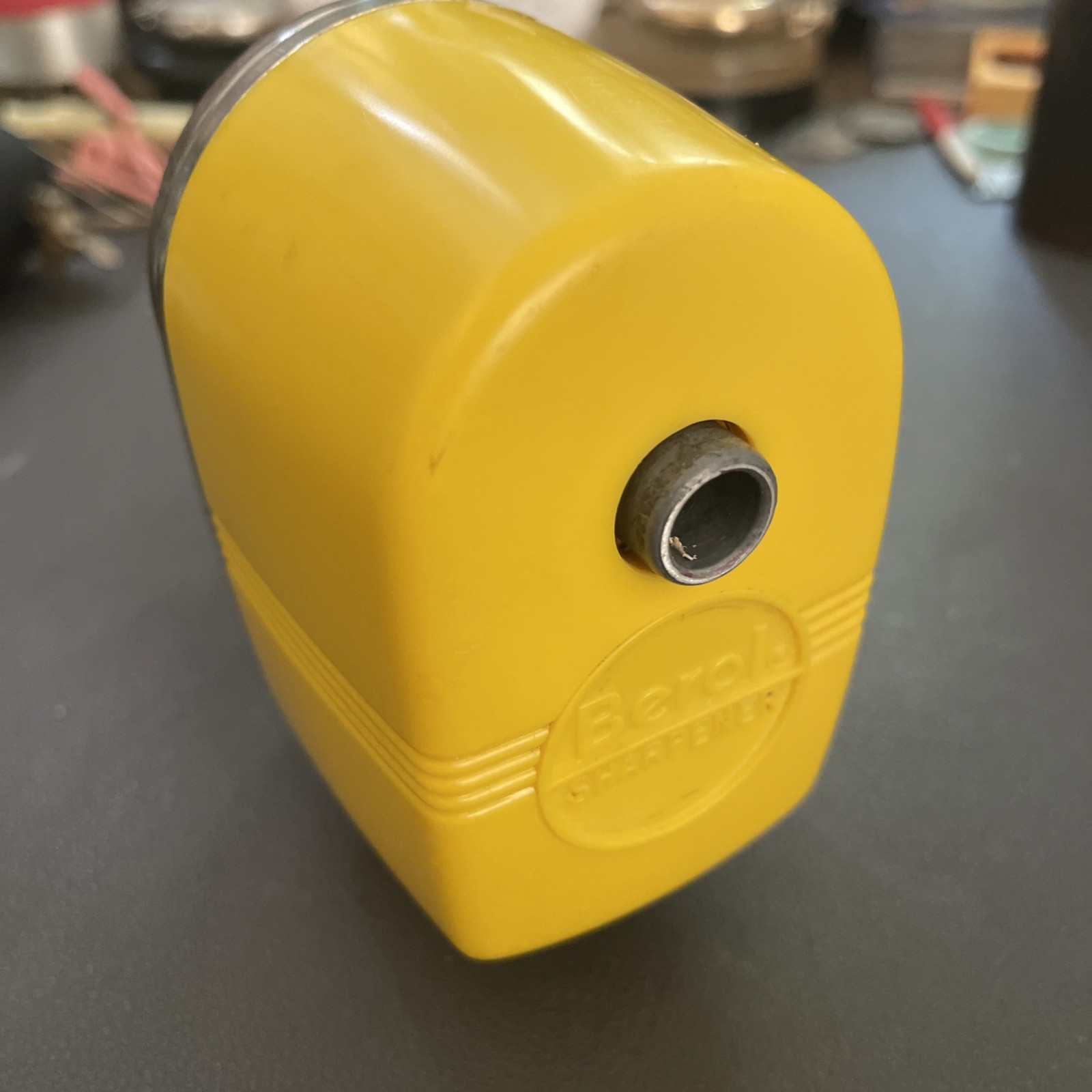 Bakelite VTG Absco Pencil Sharpener Metal Base Yellow Case 1960s Berol Retro Fun