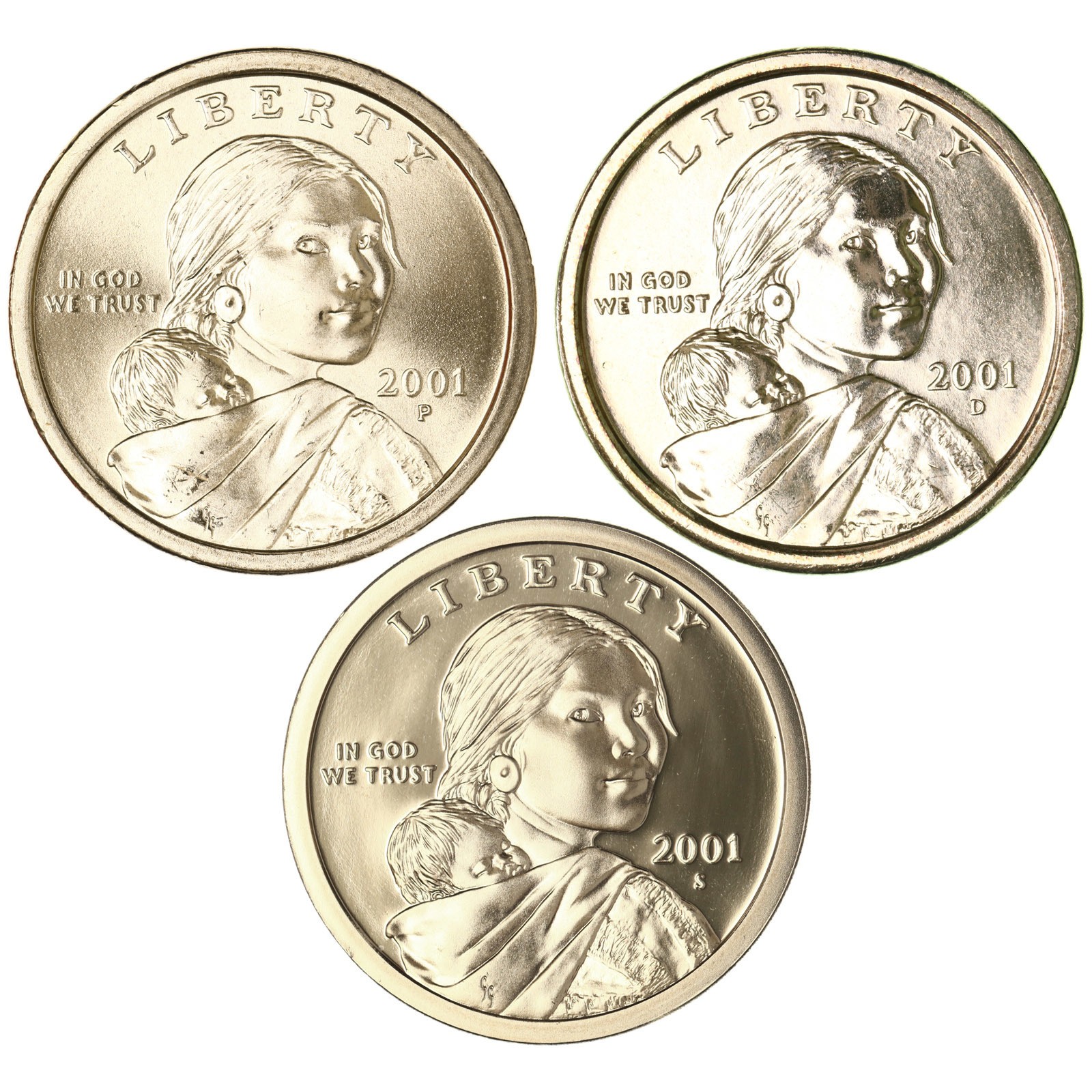 2001 P D S Native American Sacagawea Dollars BU & Gem Proof 3 Coin Set