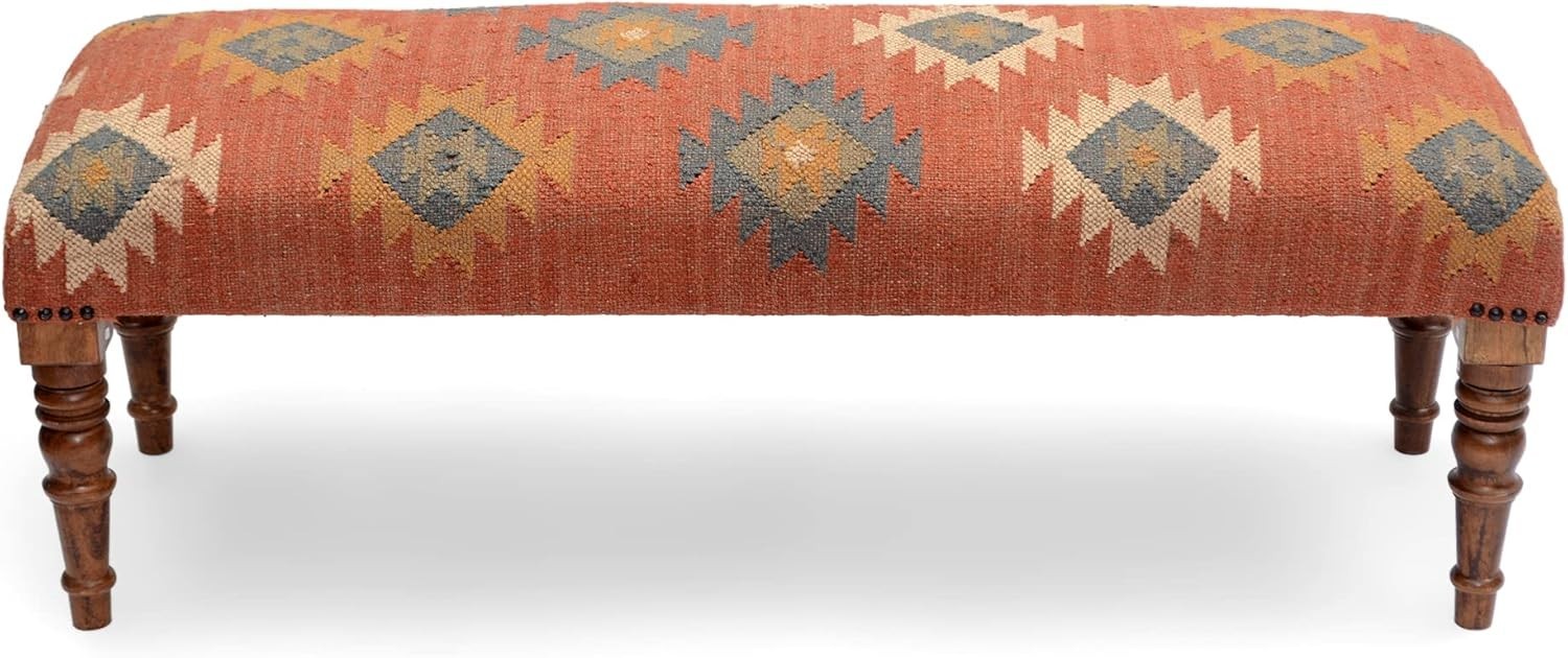 NATURAL FURNISH Acacia Wood Kilim Jute Upholstered Bench Ottoman for Home (Red)