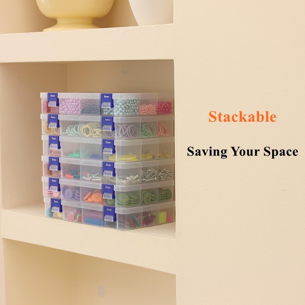 6 Pack Fixed 12 Grids Clear Plastic Storage Divider with Lid, Stackable Trans...
