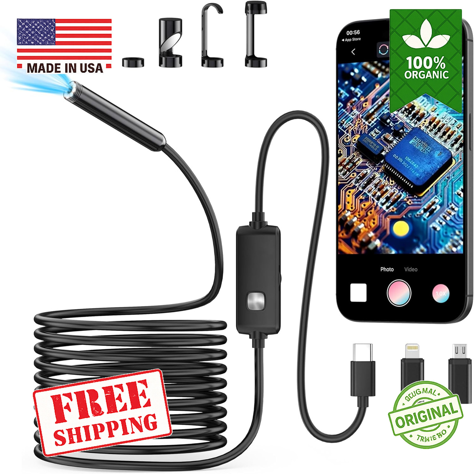 1920P HD Endoscope Camera with Light 16.4FT IP67 Borescope for iOS Android
