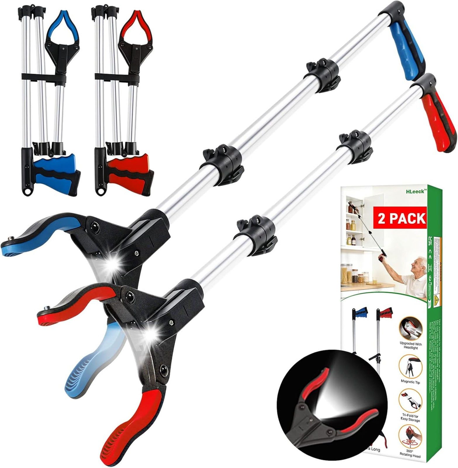 2-Pack Grabber Reacher Tool, 44 Inch Extra Long Foldable Pickup, Light, Heavy