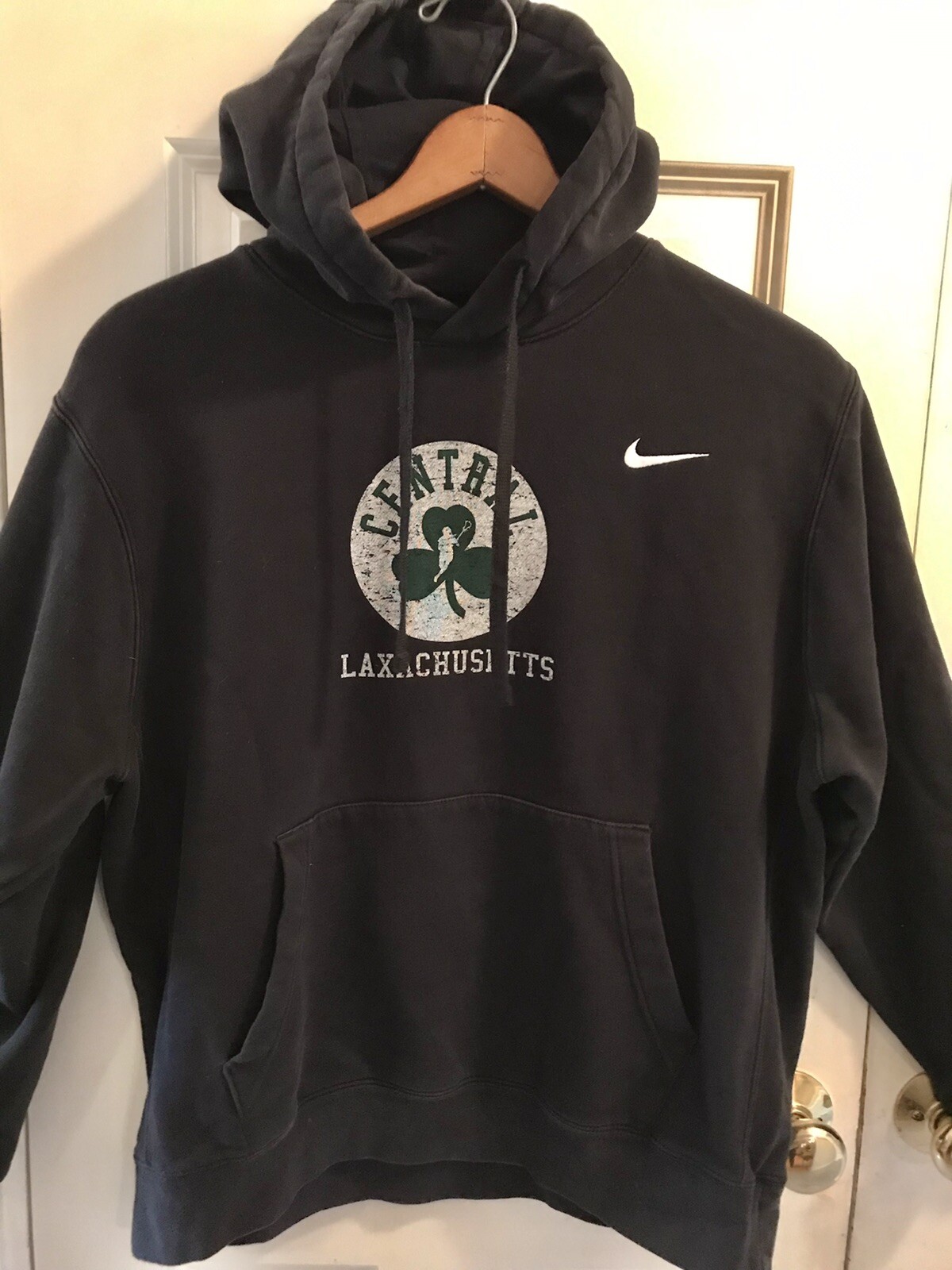 Vtg Boston Laxachusetts Lacrosse Lacrosse Hoodie Nike Swoosh Sz.L  BLACK RARE!