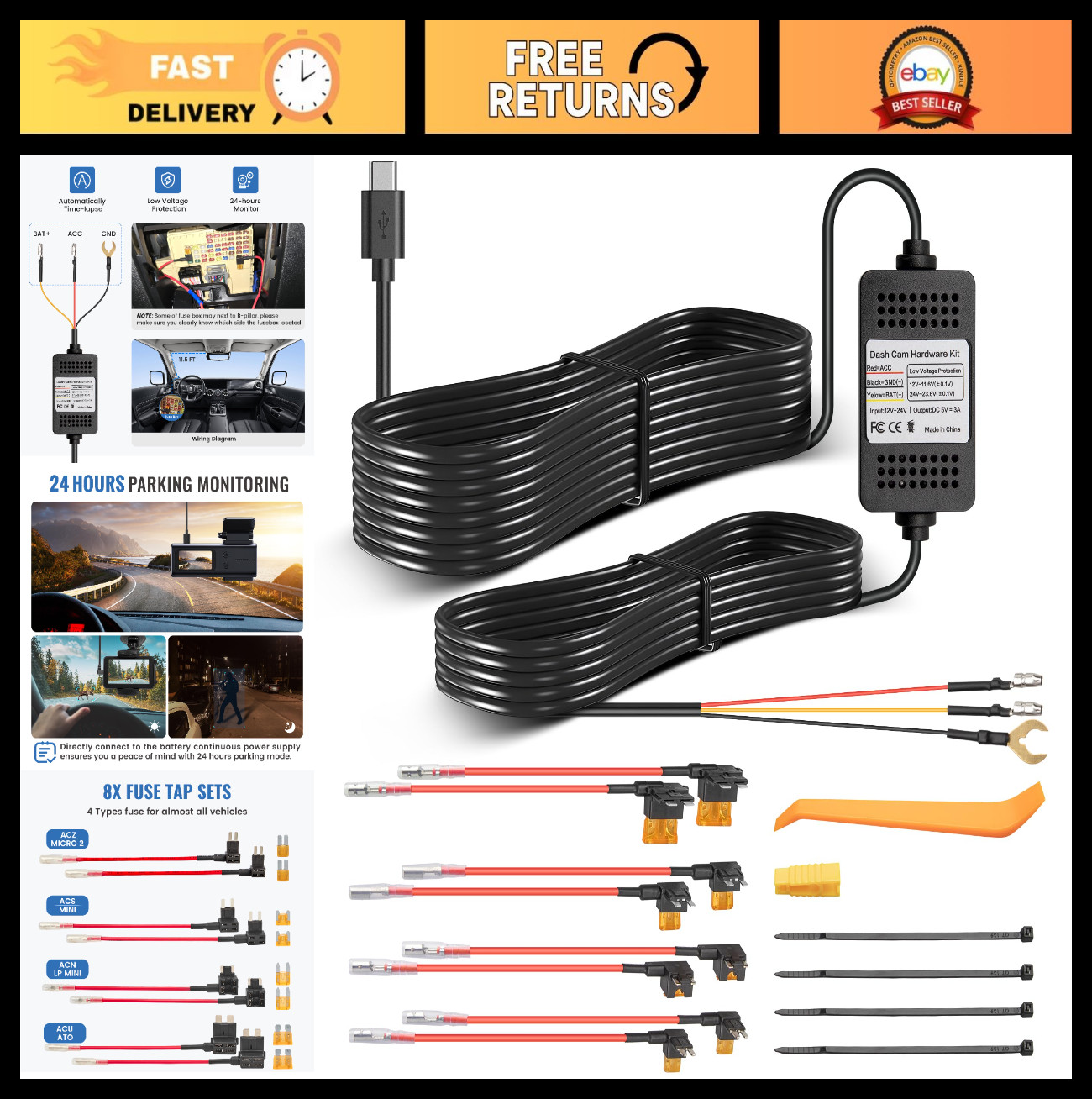 Type-C USB Dash Cam Hardwire Kit, 3-Lead Power Supply Cord for 24H Parking Monit