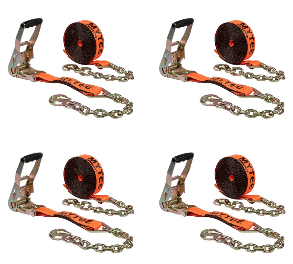 4Pk 2"x30' Orange Ratchet Strap w/ Chain Anchor 4000 # WLL Hi Abrasion Tie Down