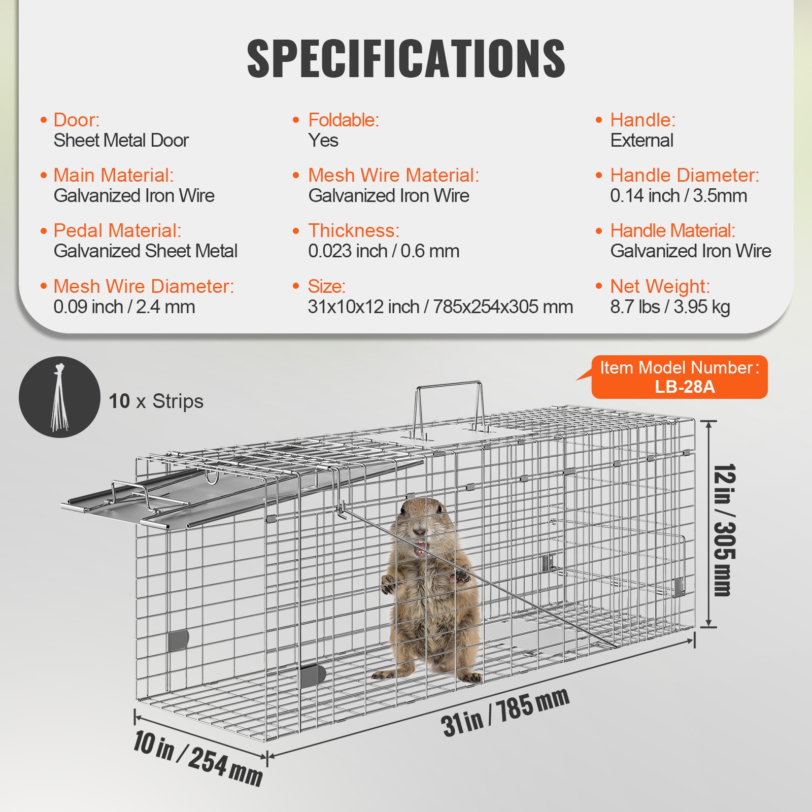 VEVOR Live Animal Cage Trap 31" x 10" x 12" Humane Cat Trap Cats Squirrels Mouse