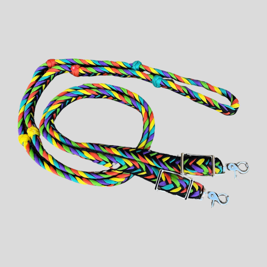 Braided Barrel Reins 8 ft long and 2 Scissor Snaps Rainbow #55057