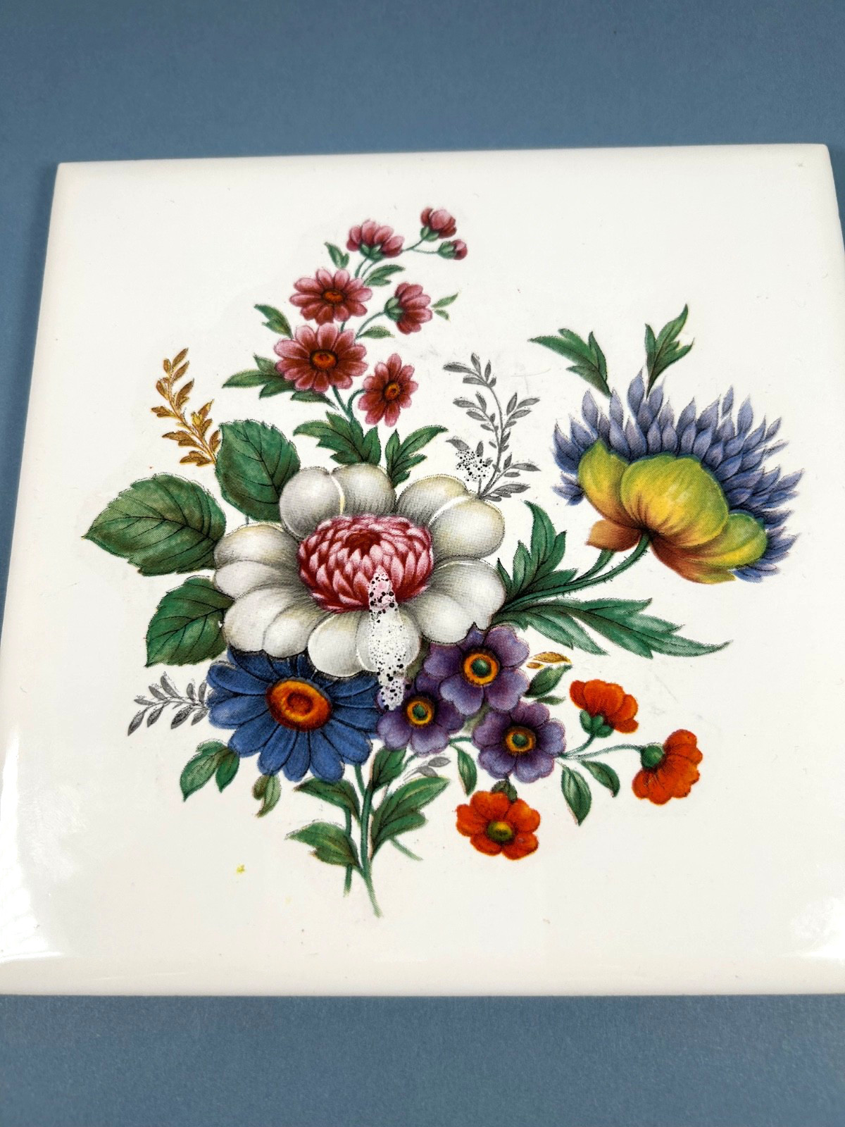 Floral Tile Trivet 6 x 6” Vintage Soriano Ceramics Botanical Bouquet Cork Backed