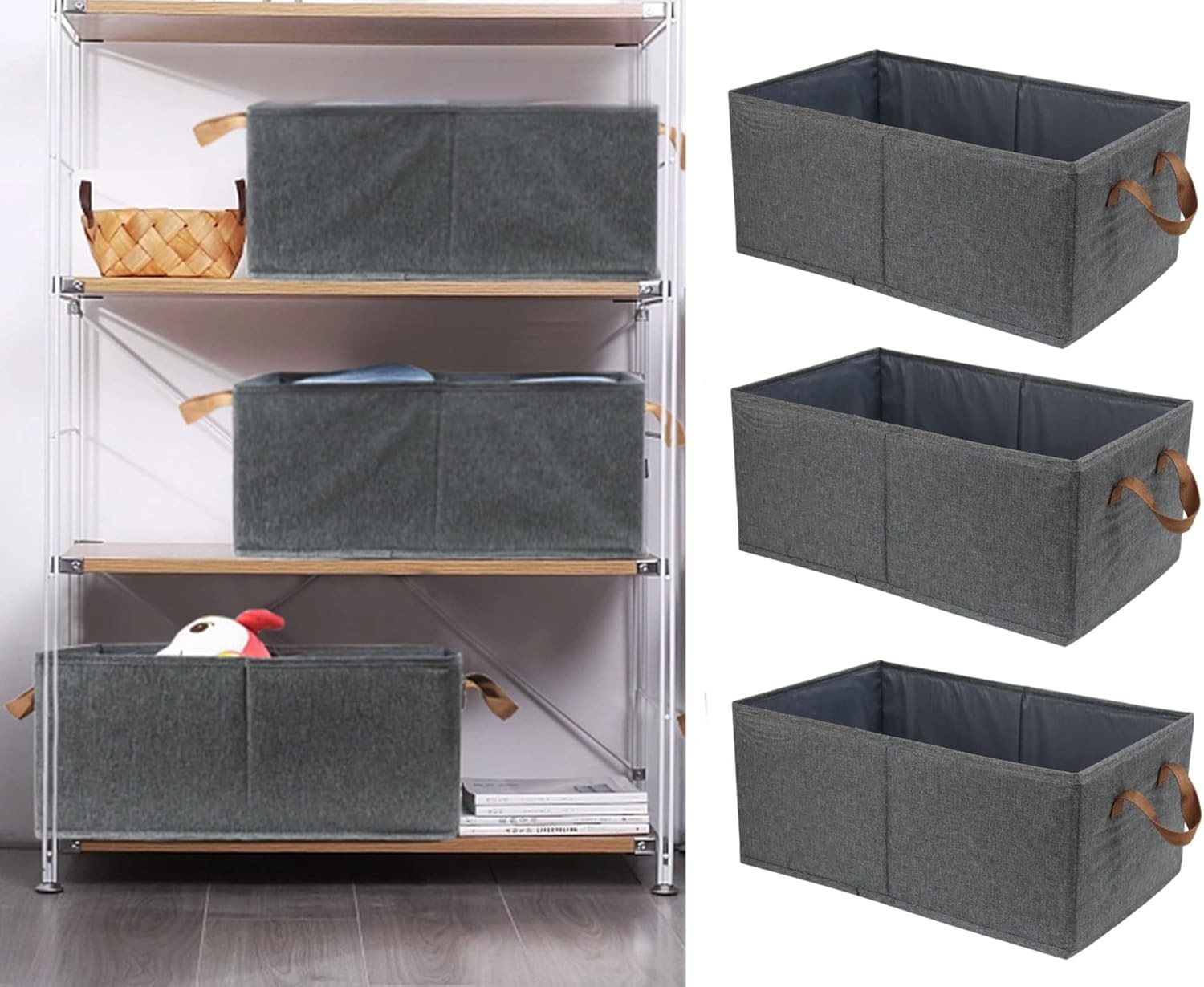 Pack of 3 Large Capacity Storage Bins Closet Organizer System, Sturdy Foldabl...