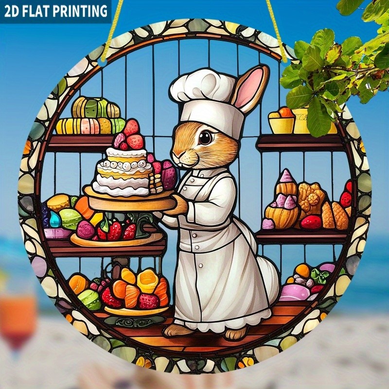 Bakery Themed Bunny Acrylic Suncatcher Round Dessert Window Hanging Ornament