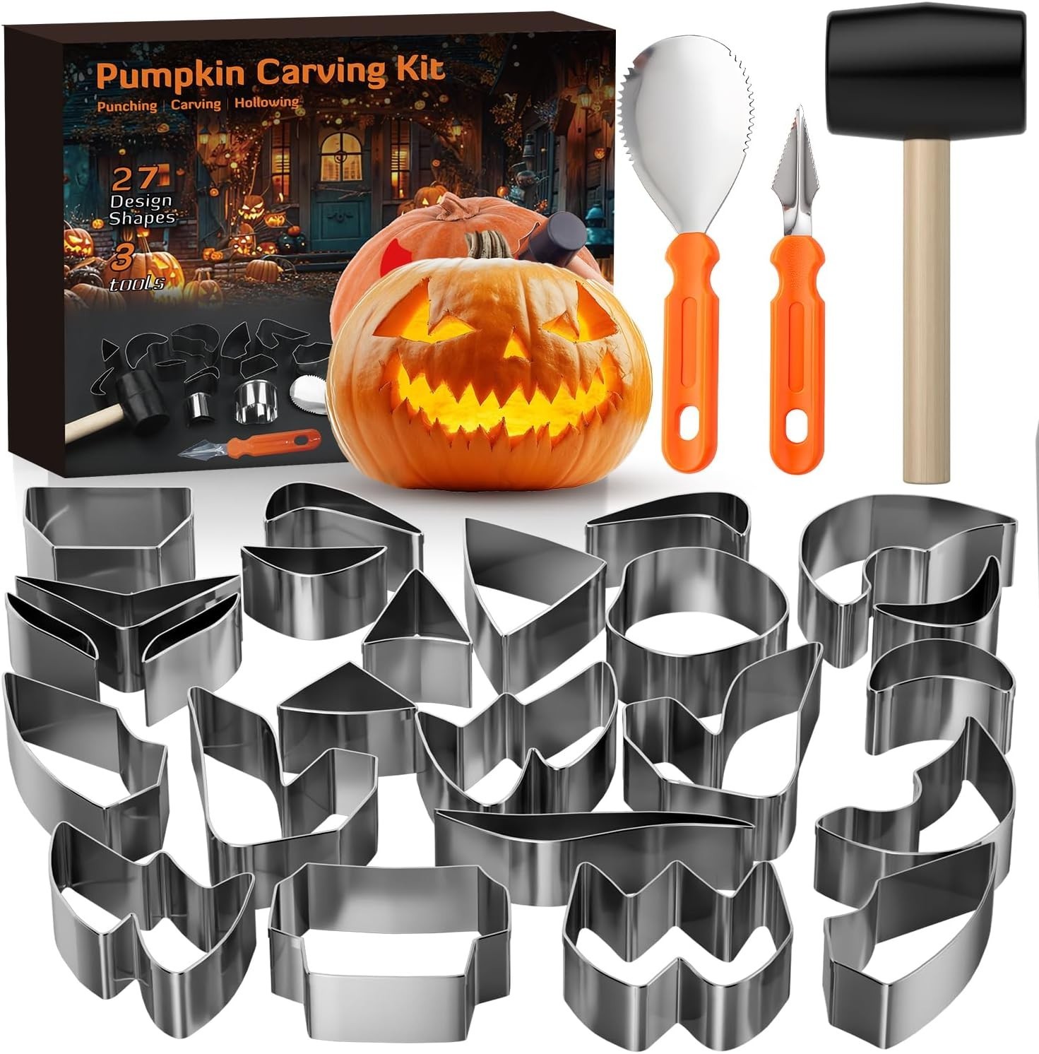 Pumpkin Carving Kit, 27PCS Stainless Steel Tools with 24 medium, Orange