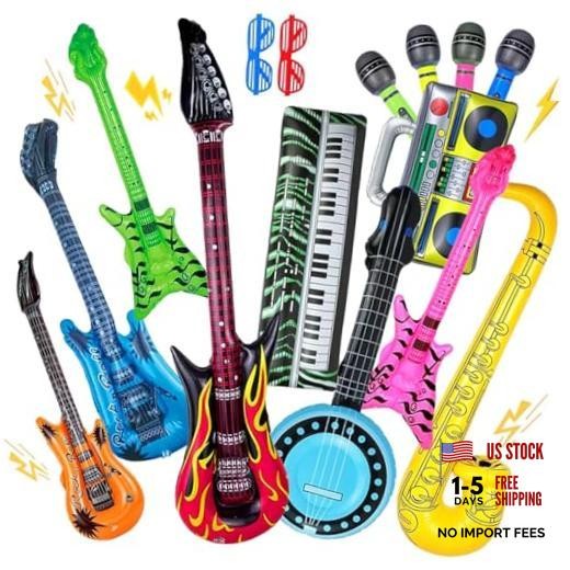 15 Pieces Inflatable Rock Star Toy Set, Guitar Bass Box Microphone Piano
