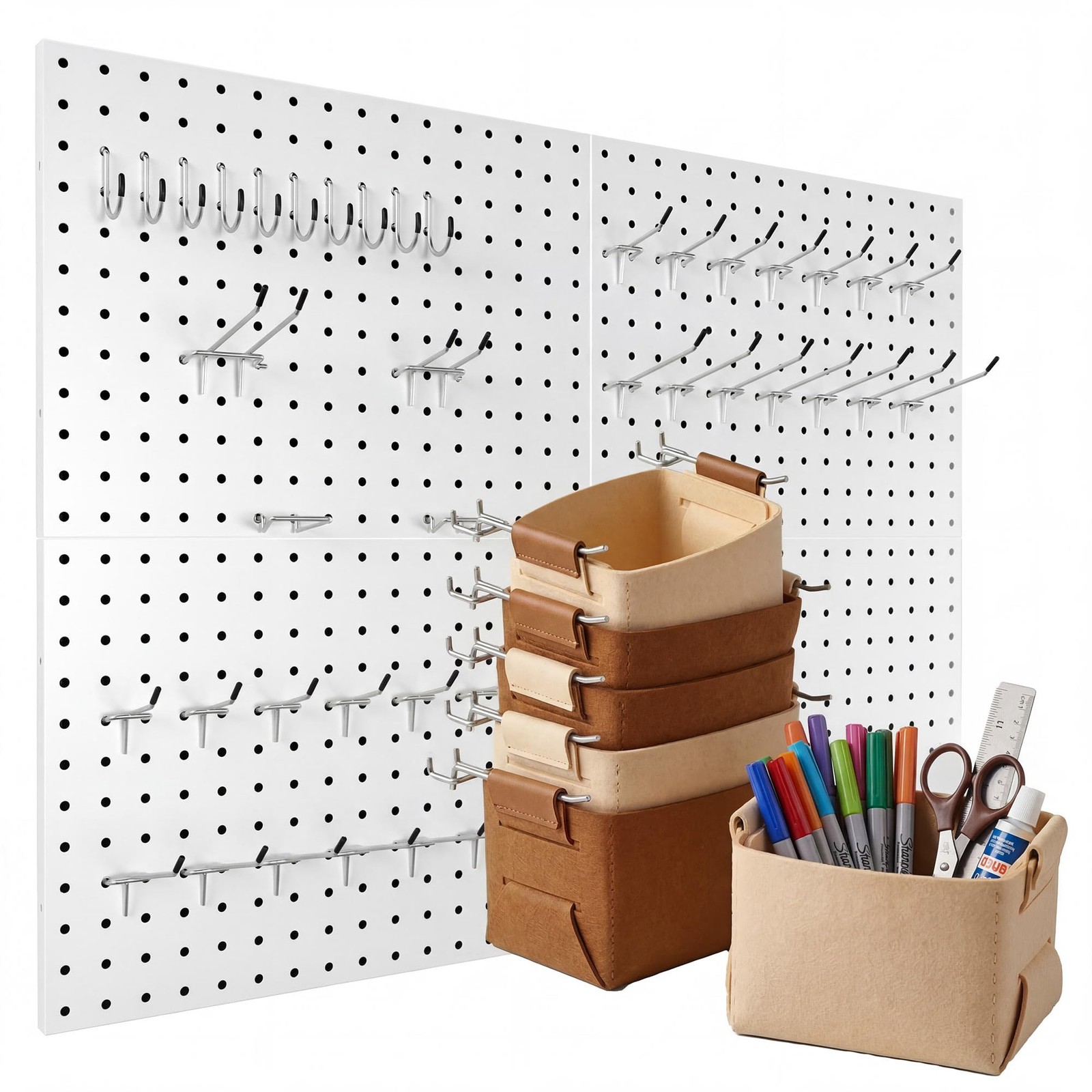4 Pack Metal Pegboard Organizer Panel Kit w/ 50 Pcs Hooks Baskets White