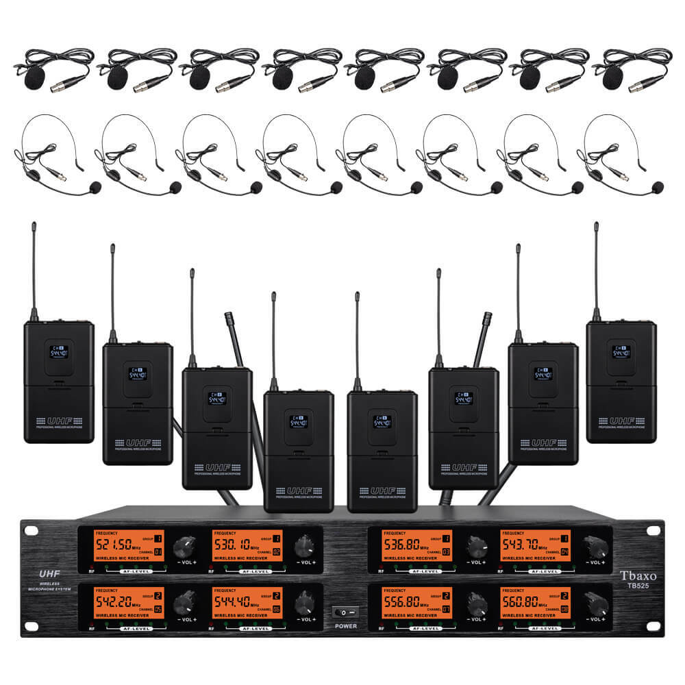 Wireless Microphone System UHF Pro Audio 8 Channel 8 Lavalier Bodypacks Headset