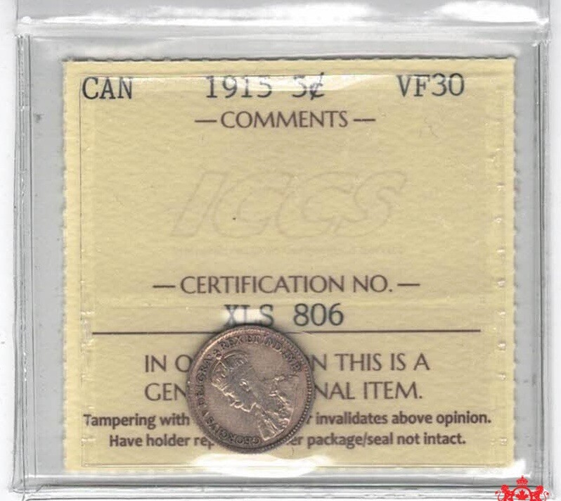 1915 Canada 5 Cents - ICCS VF30 - XLS 806