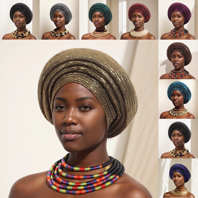 Women Headtie Wedding Party Headwear Bonnet Glitter African Ruffle Headwraps Hat