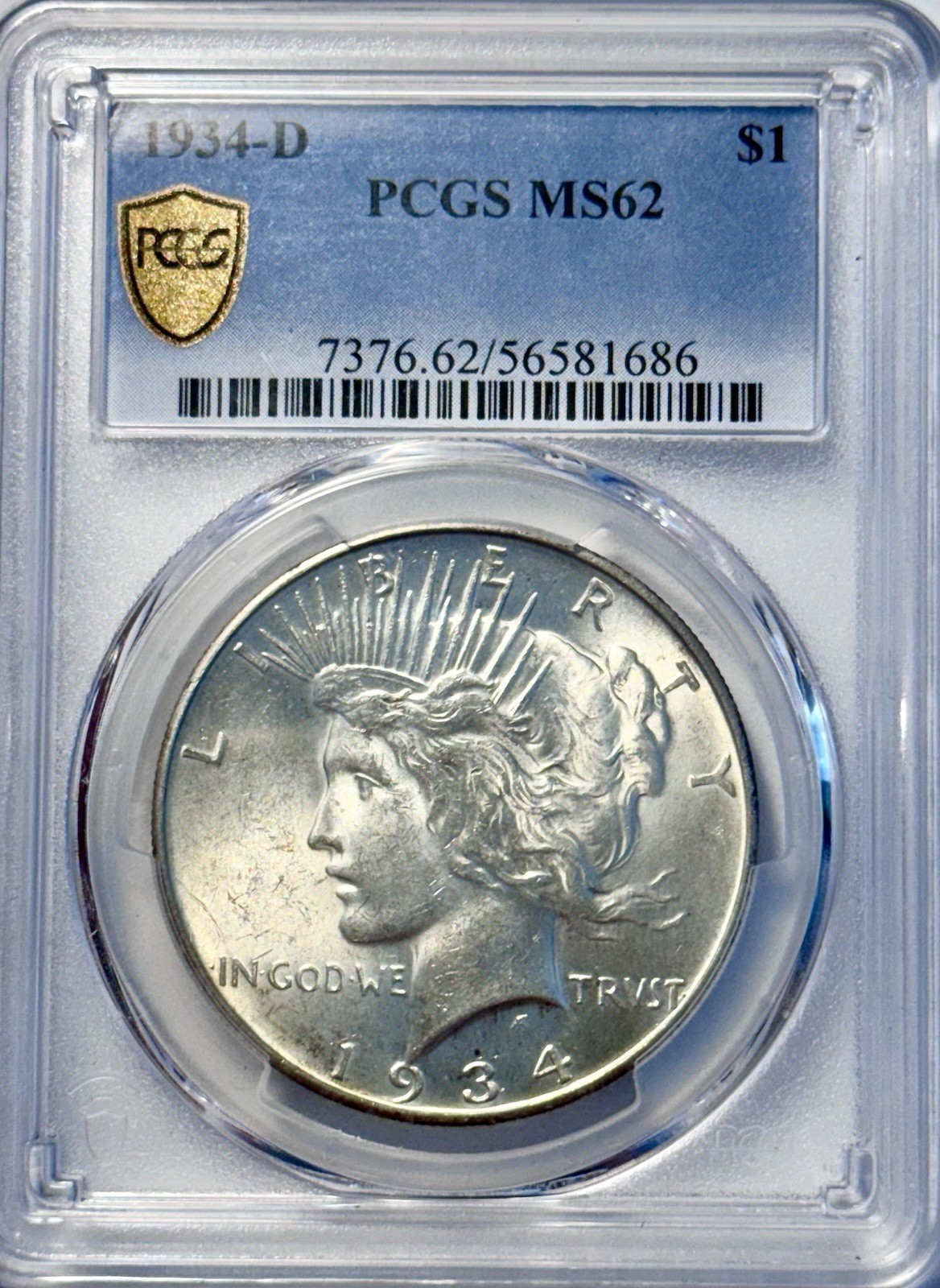 1934-D Silver Peace Dollar, PCGS MS-62, Gold Shield Label, Scarce Date!
