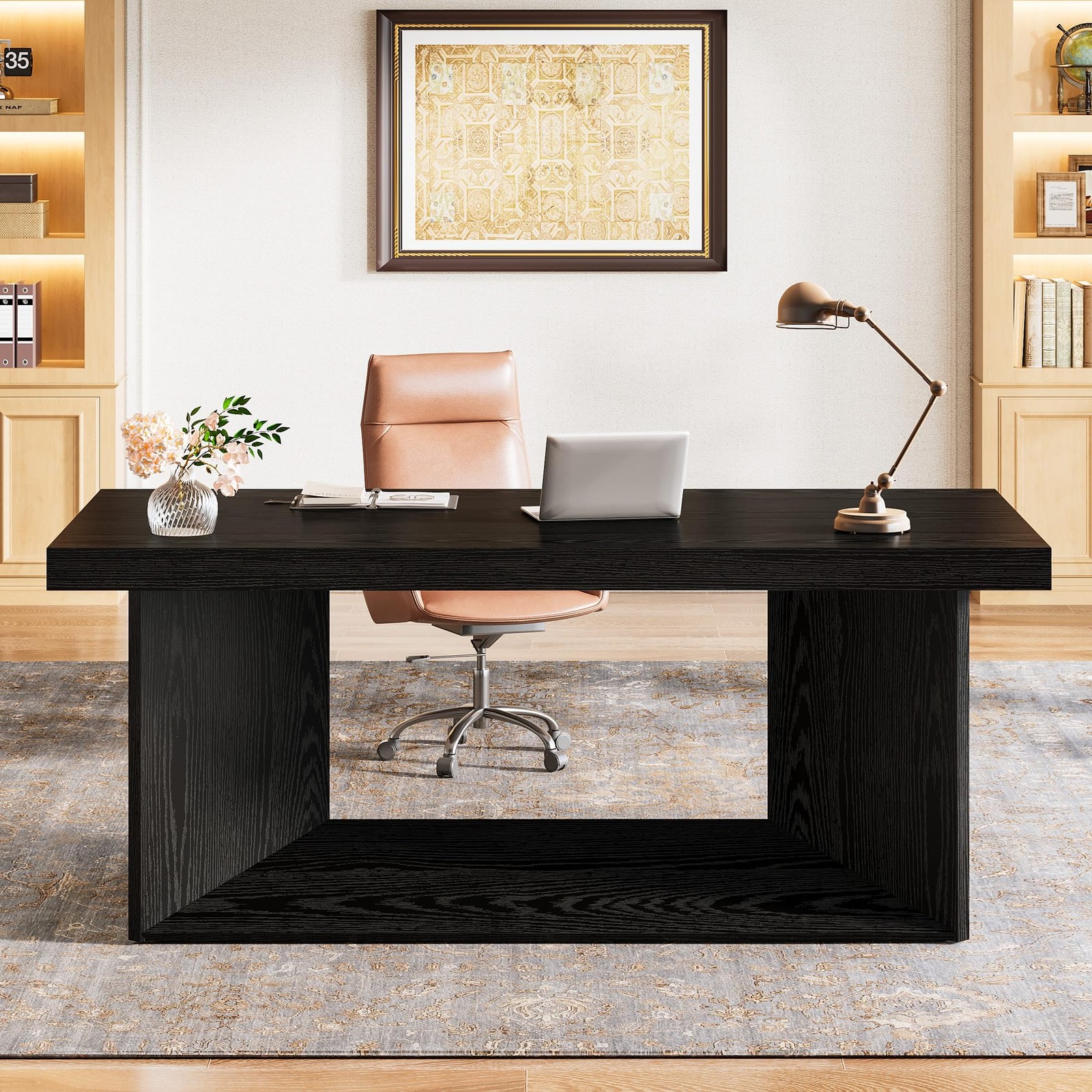 63英寸大号行政重型Pedestal Writing Desk 家庭办公 黑色